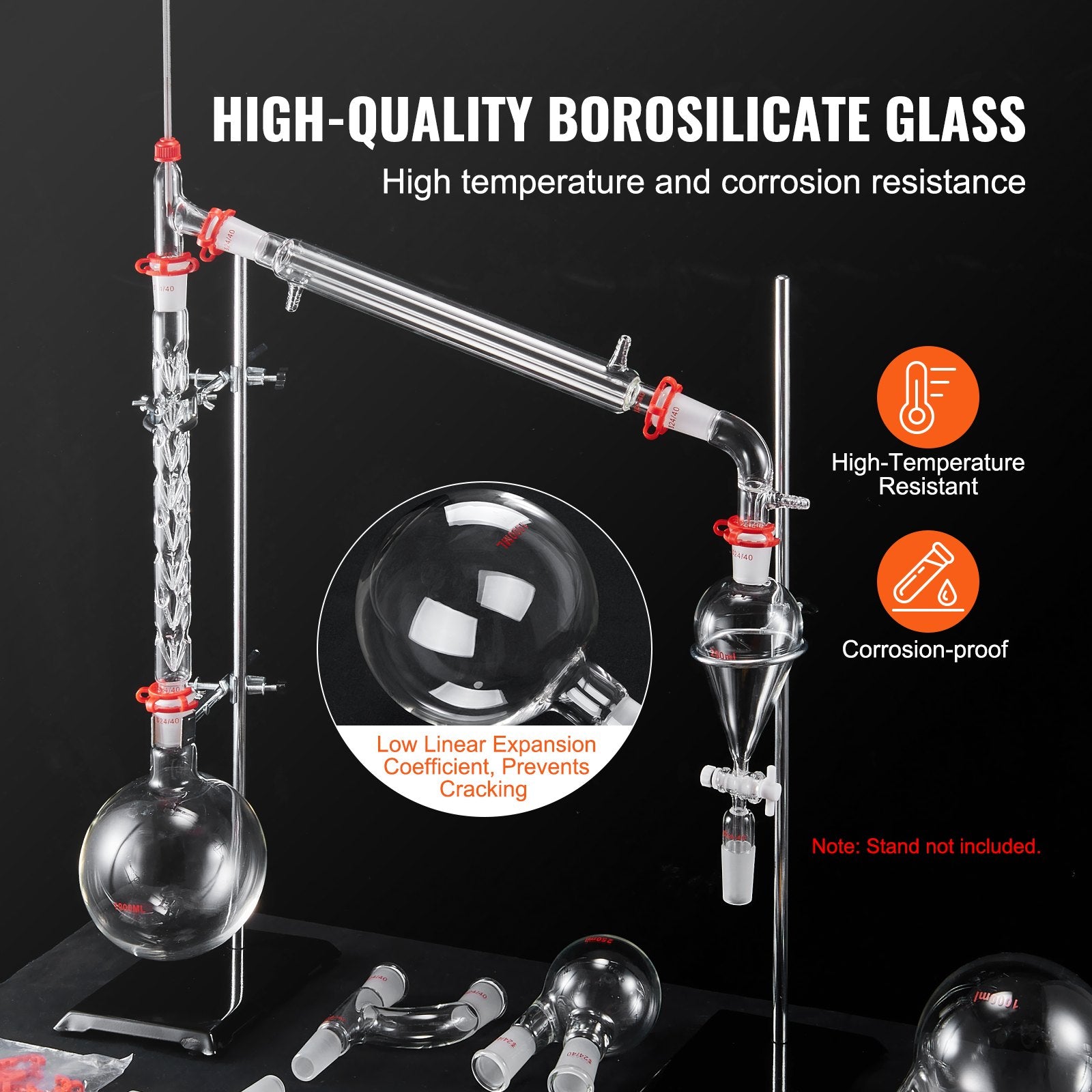 Audio Accessories: VEVOR Lab Glassware Distillation Kit 1000ml 3.3 Boro 29 pcs Glassware Equipment