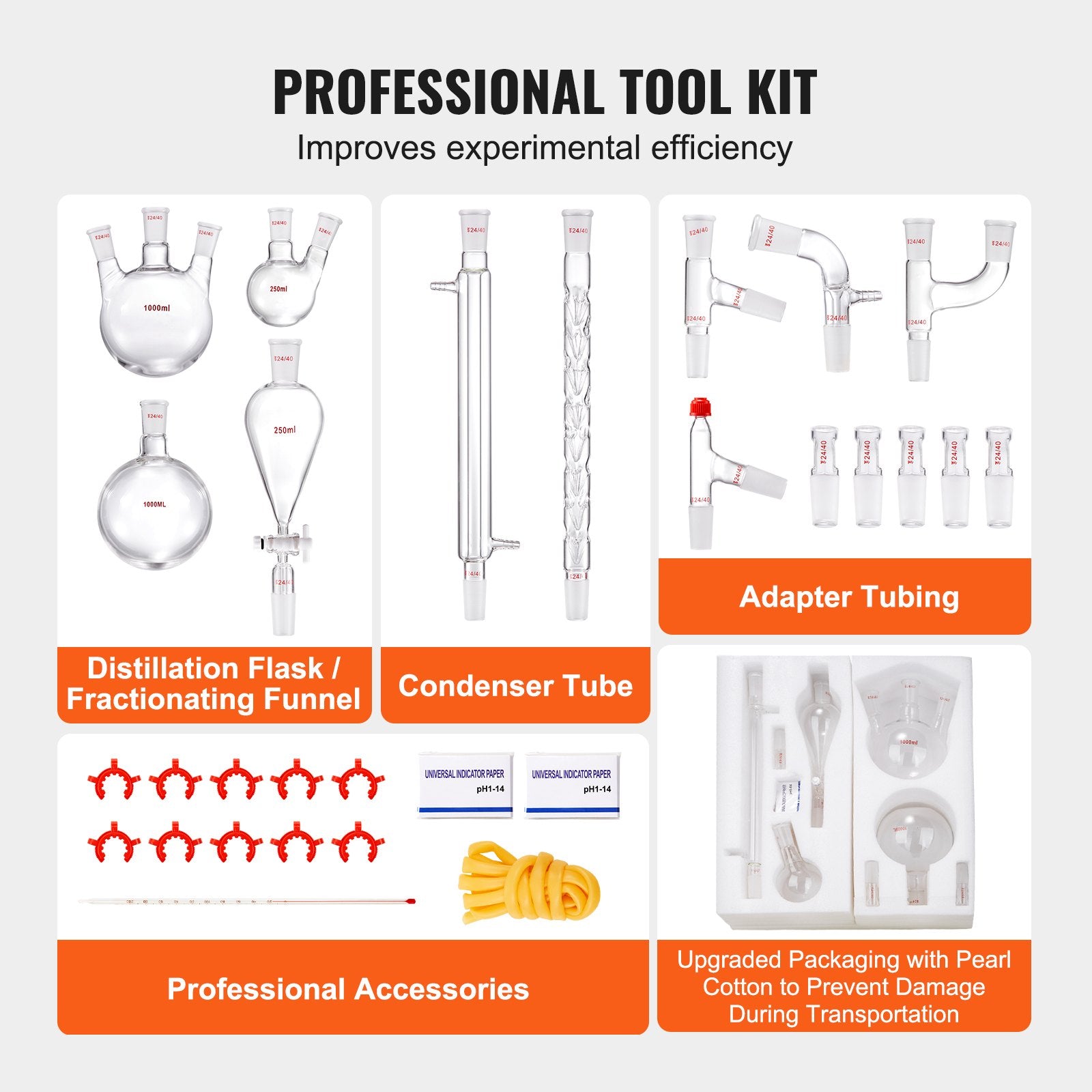 Audio Accessories: VEVOR Lab Glassware Distillation Kit 1000ml 3.3 Boro 29 pcs Glassware Equipment