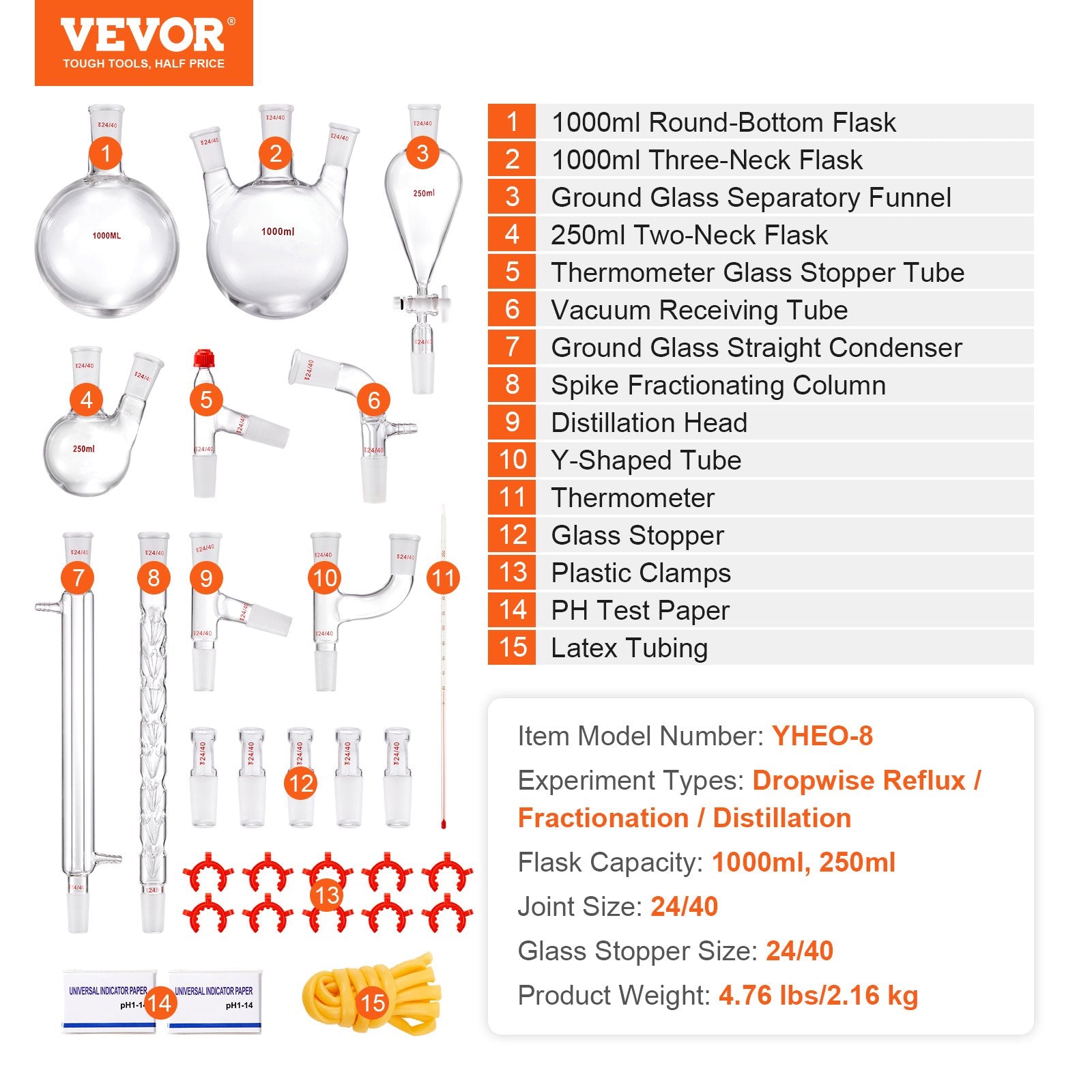 Audio Accessories: VEVOR Lab Glassware Distillation Kit 1000ml 3.3 Boro 29 pcs Glassware Equipment