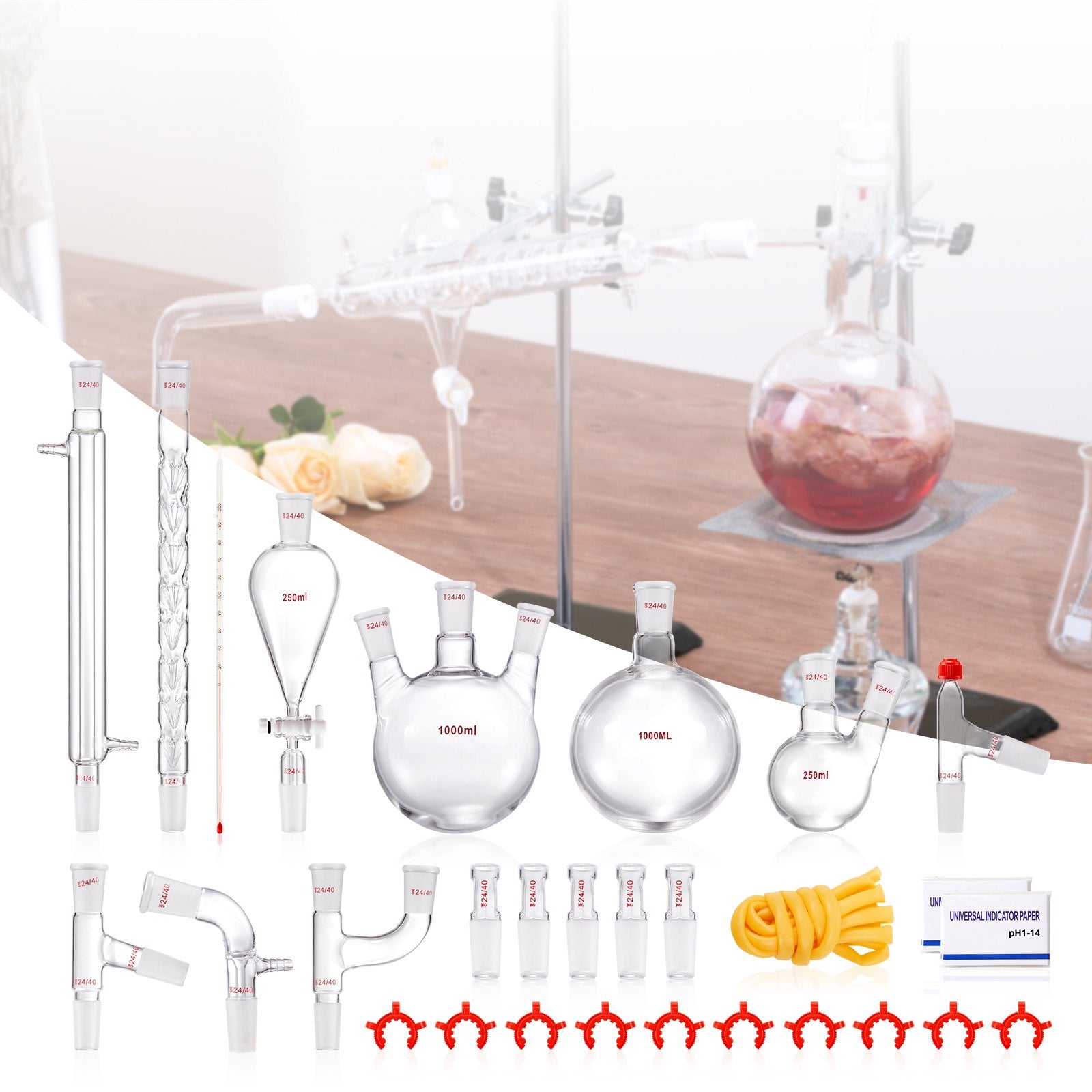 Audio Accessories: VEVOR Lab Glassware Distillation Kit 1000ml 3.3 Boro 29 pcs Glassware Equipment