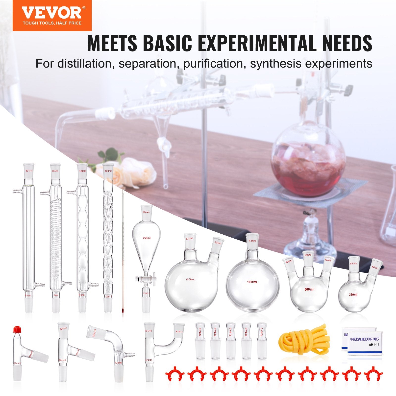 Distilling & Brewing: VEVOR Lab Distillation Kit, 3.3 Boro Lab Glassware Distillation Kit with 24, 40 Joint, 1000ml Essential Oil Distillation Apparatus Kit, 32 pcs Set of Glassware Equipment