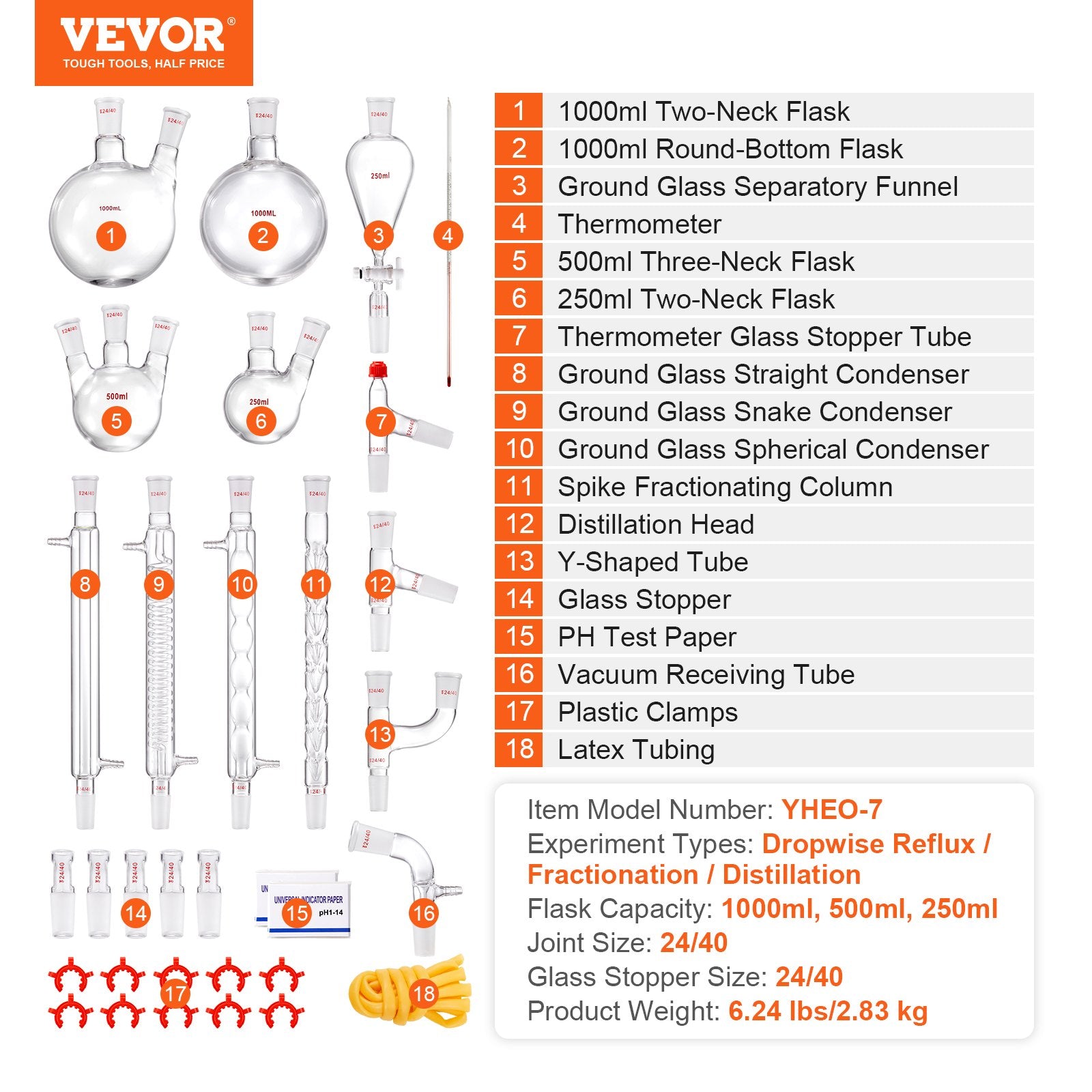 Distilling & Brewing: VEVOR Lab Distillation Kit, 3.3 Boro Lab Glassware Distillation Kit with 24, 40 Joint, 1000ml Essential Oil Distillation Apparatus Kit, 32 pcs Set of Glassware Equipment