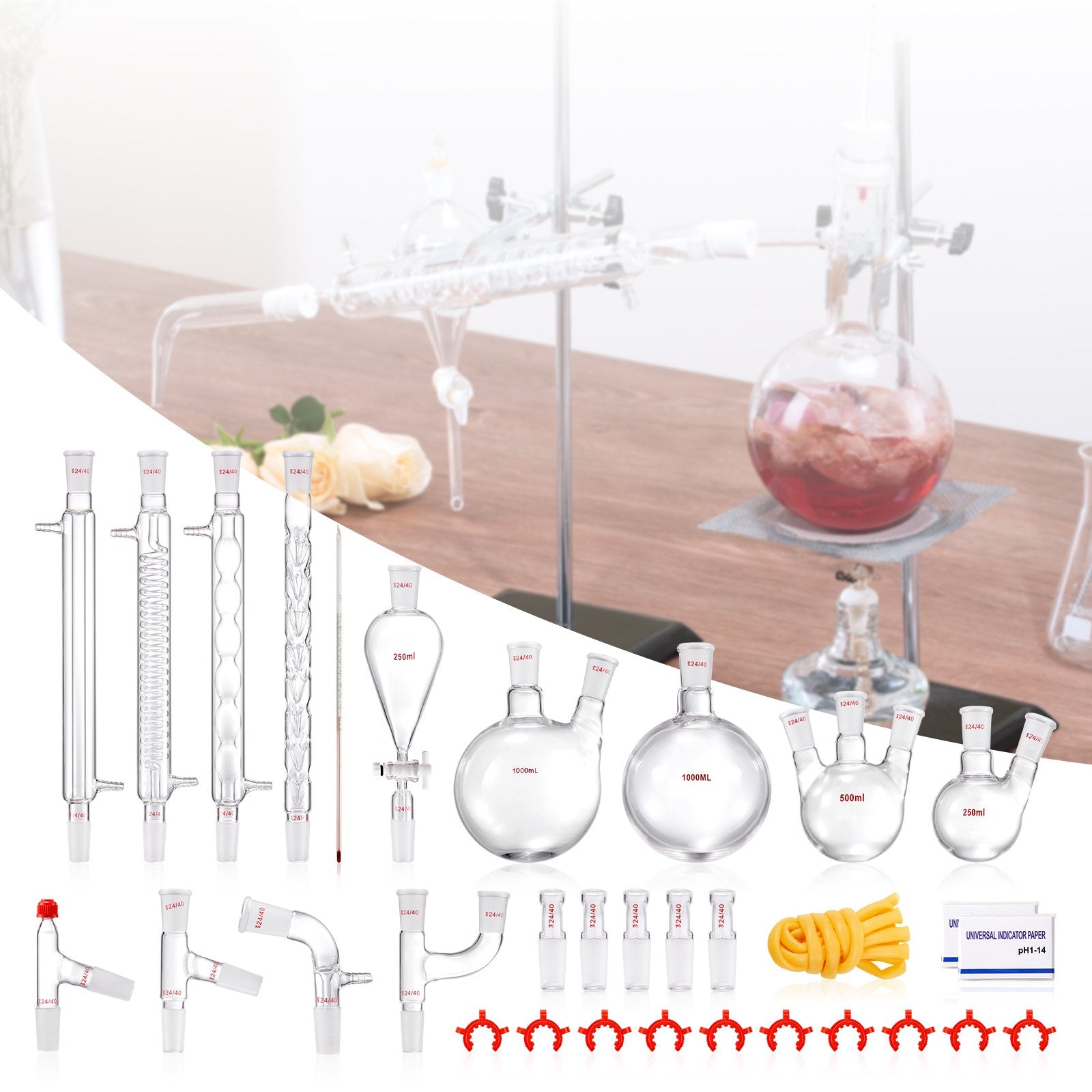 Distilling & Brewing: VEVOR Lab Distillation Kit, 3.3 Boro Lab Glassware Distillation Kit with 24, 40 Joint, 1000ml Essential Oil Distillation Apparatus Kit, 32 pcs Set of Glassware Equipment