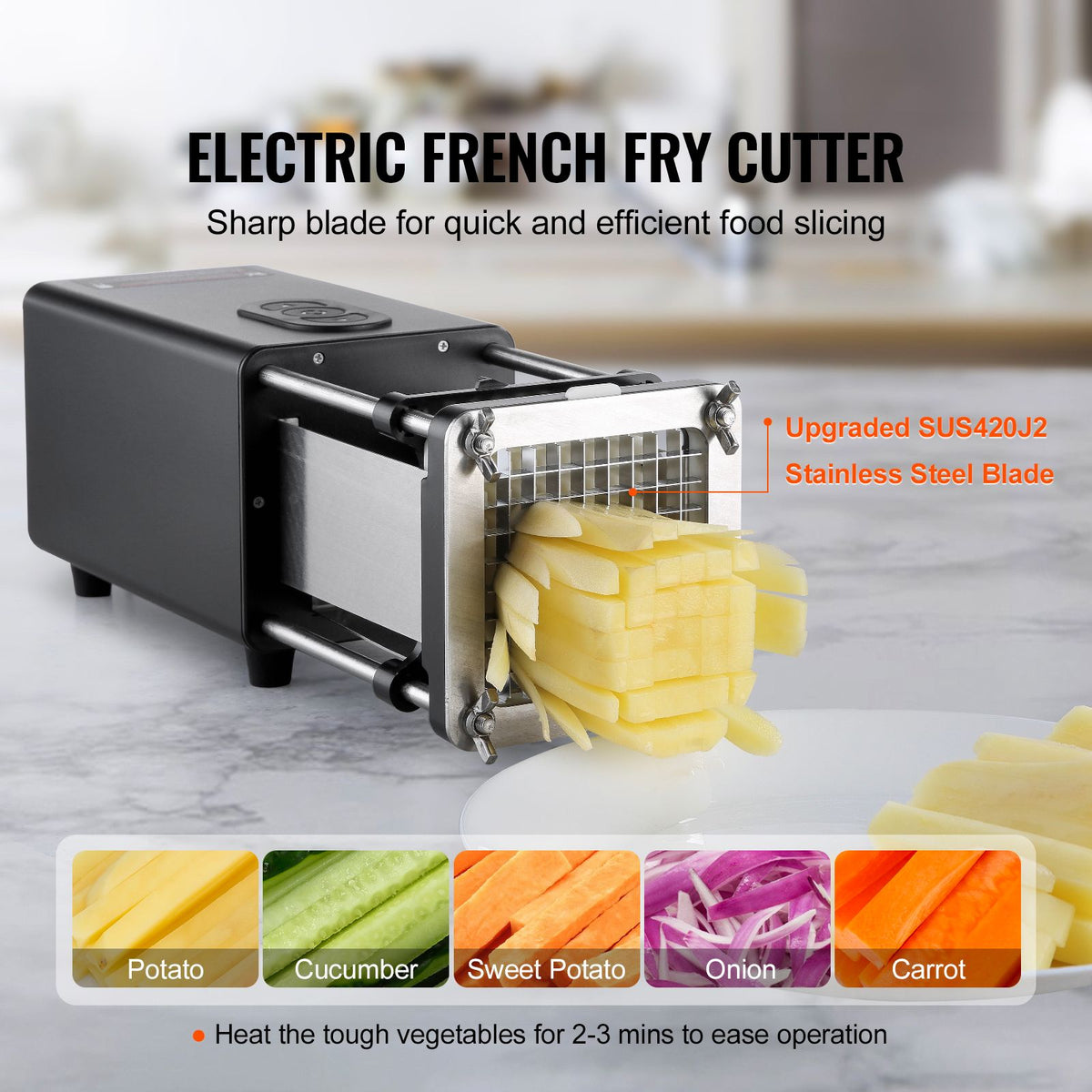Electric French Fry Cutter, Potato Slicer with 1/2-Inch and 3/8-Inch Stainless Steel Blades, Potato Cutter Chopper w/ Anti-slip Feet, Great for Potato, French Fries, Cucumber, Vegetables, Carrot