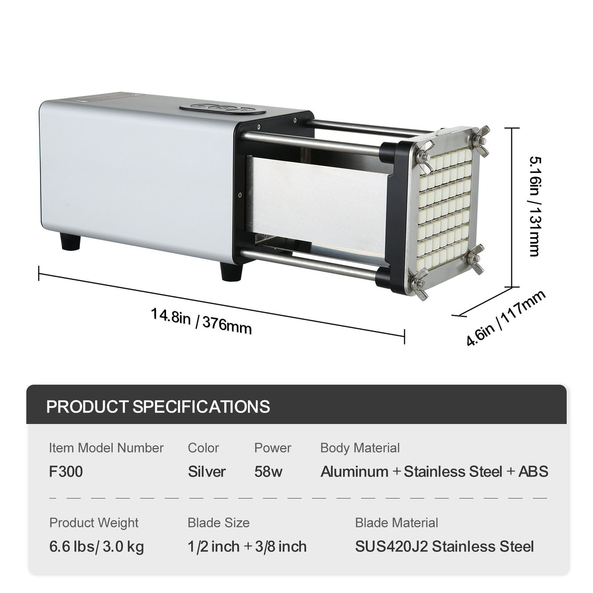 Electric French Fry Cutter, Potato Slicer with 1/2-Inch and 3/8-Inch Stainless Steel Blades, Potato Cutter Chopper w/ Anti-slip Feet, Great for Potato, French Fries, Cucumber, Vegetables, Carrot