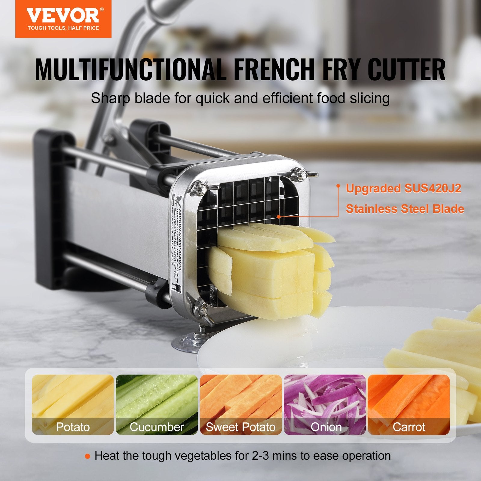 Food Storage: VEVOR French Fry Cutter, Potato Slicer with 1/2-Inch and 3/8-Inch Stainless Steel Blades, Manual Potato Cutter Chopper with Suction Cups, Great for Potato, French Fries, Cucumber, Vegetables, Carrot