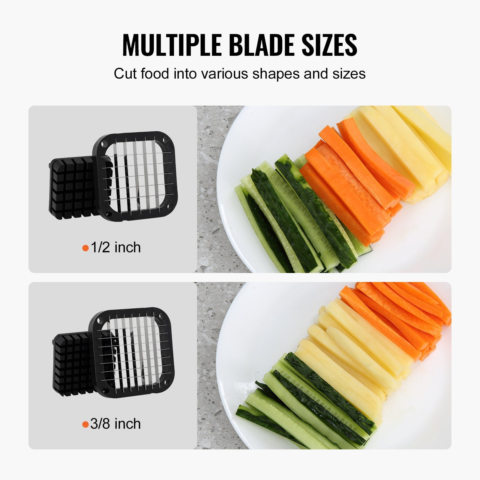Food Storage: VEVOR French Fry Cutter, Potato Slicer with 1/2-Inch and 3/8-Inch Stainless Steel Blades, Manual Potato Cutter Chopper with Suction Cups, Great for Potato, French Fries, Cucumber, Vegetables, Carrot