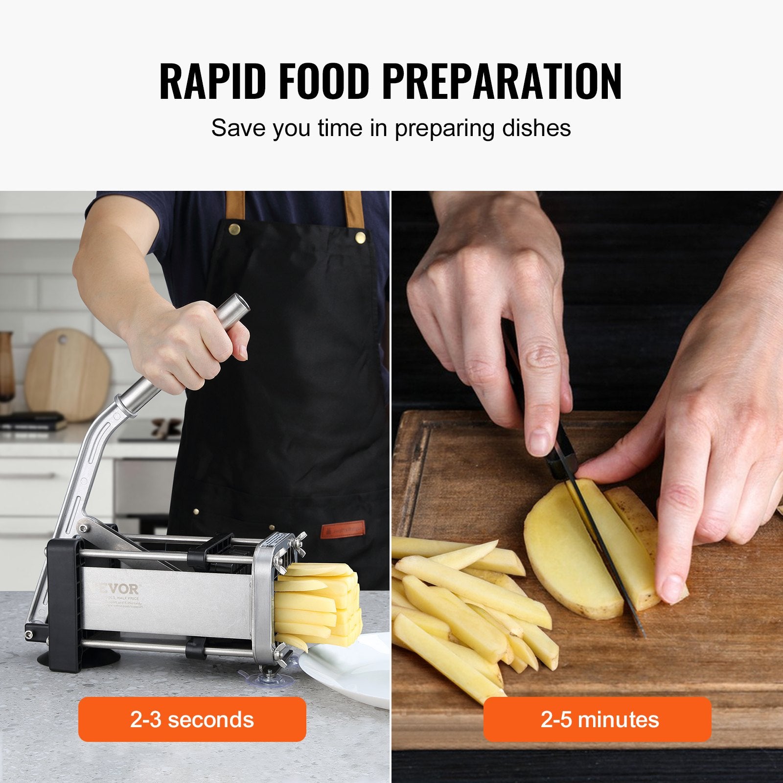 Food Storage: VEVOR French Fry Cutter, Potato Slicer with 1/2-Inch and 3/8-Inch Stainless Steel Blades, Manual Potato Cutter Chopper with Suction Cups, Great for Potato, French Fries, Cucumber, Vegetables, Carrot