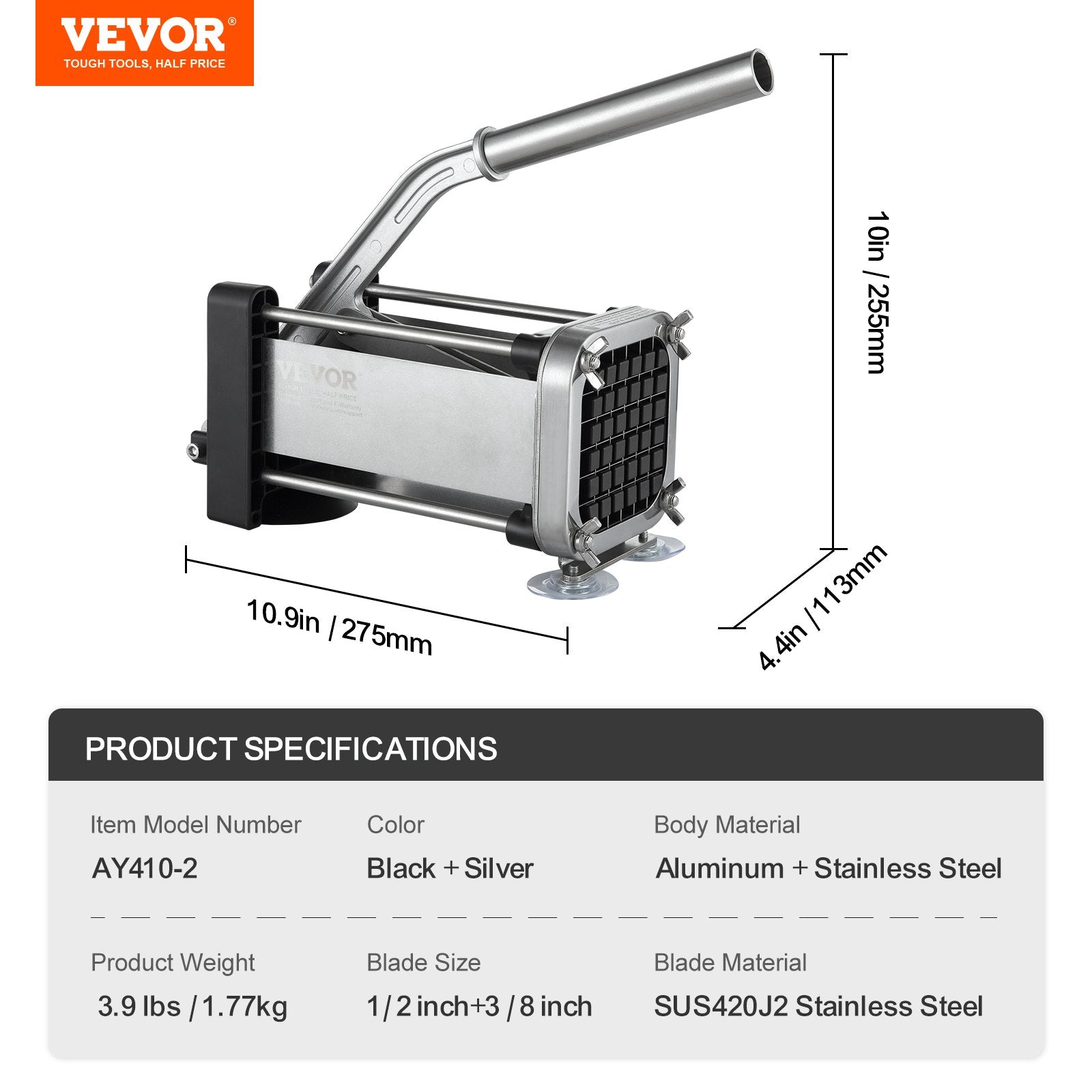 Food Storage: VEVOR French Fry Cutter, Potato Slicer with 1/2-Inch and 3/8-Inch Stainless Steel Blades, Manual Potato Cutter Chopper with Suction Cups, Great for Potato, French Fries, Cucumber, Vegetables, Carrot
