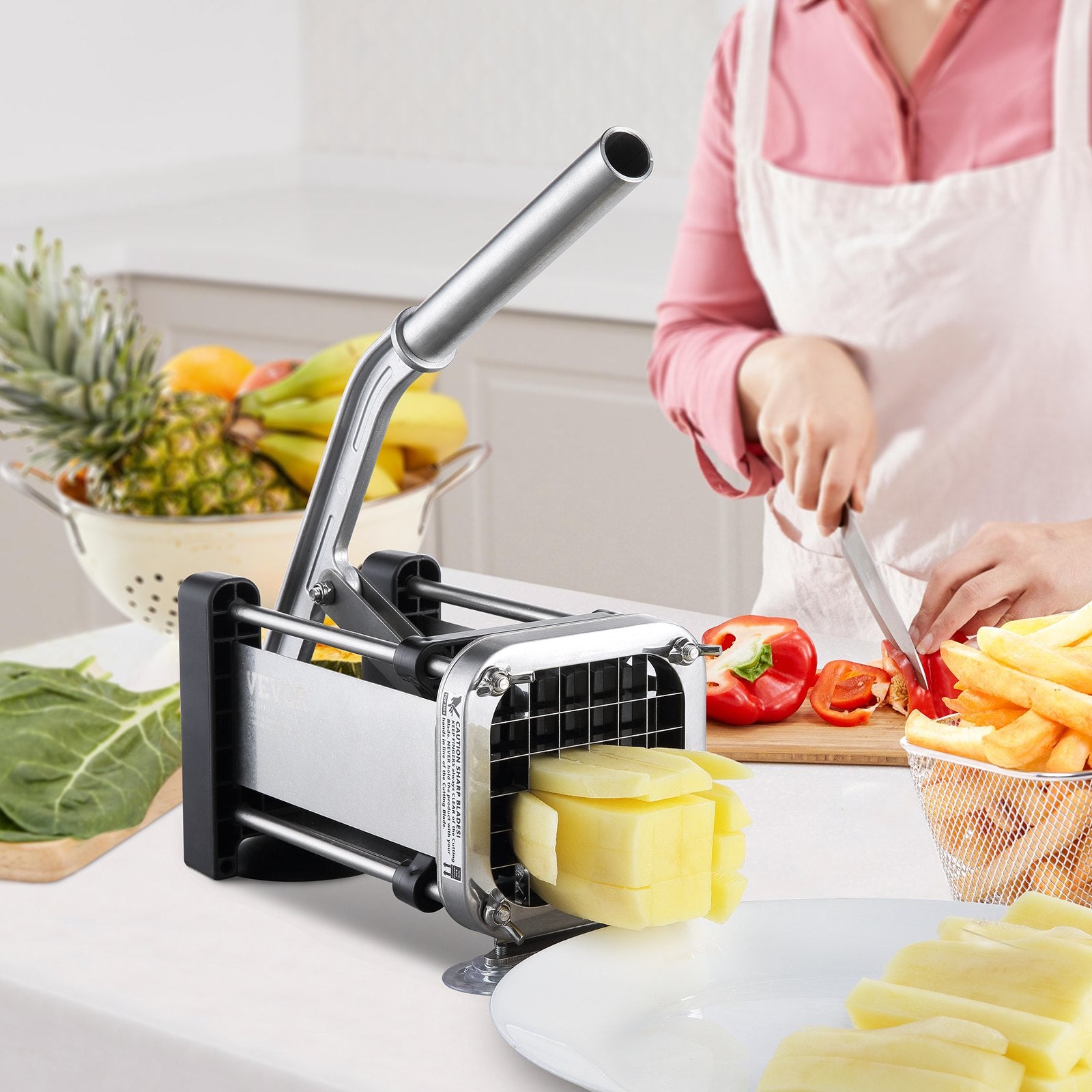 Food Storage: VEVOR French Fry Cutter, Potato Slicer with 1/2-Inch and 3/8-Inch Stainless Steel Blades, Manual Potato Cutter Chopper with Suction Cups, Great for Potato, French Fries, Cucumber, Vegetables, Carrot
