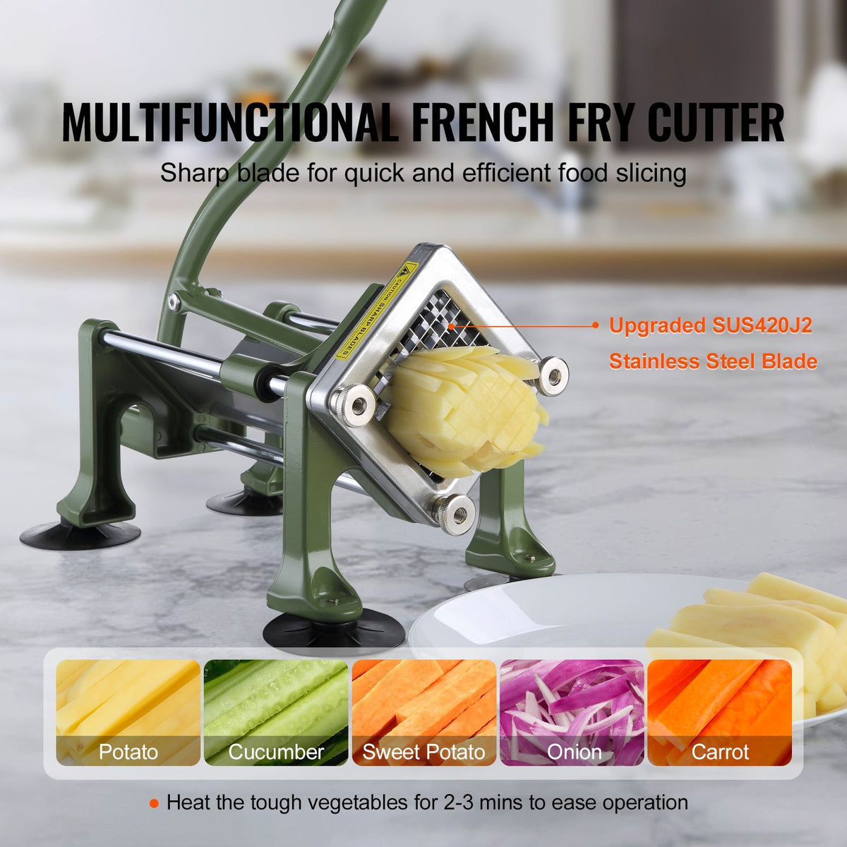 French Fry Cutter, Potato Slicer with 1/2" 3/8" 1/4" Stainless Steel Blades, Manual Potato Cutter Chopper with Suction Cups, Great for Potato, French Fries, Cucumber, Vegetables, Carrot