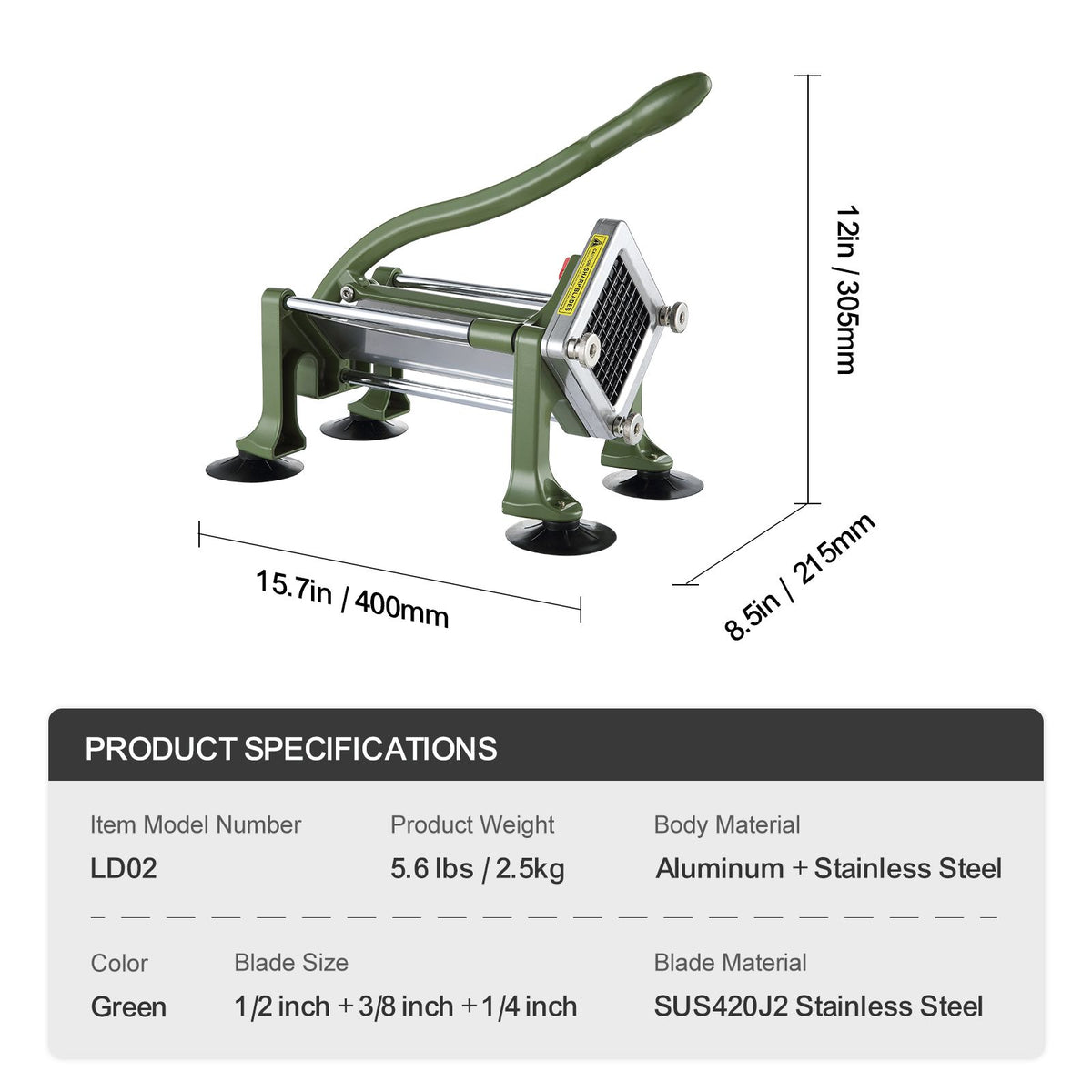 French Fry Cutter, Potato Slicer with 1/2" 3/8" 1/4" Stainless Steel Blades, Manual Potato Cutter Chopper with Suction Cups, Great for Potato, French Fries, Cucumber, Vegetables, Carrot