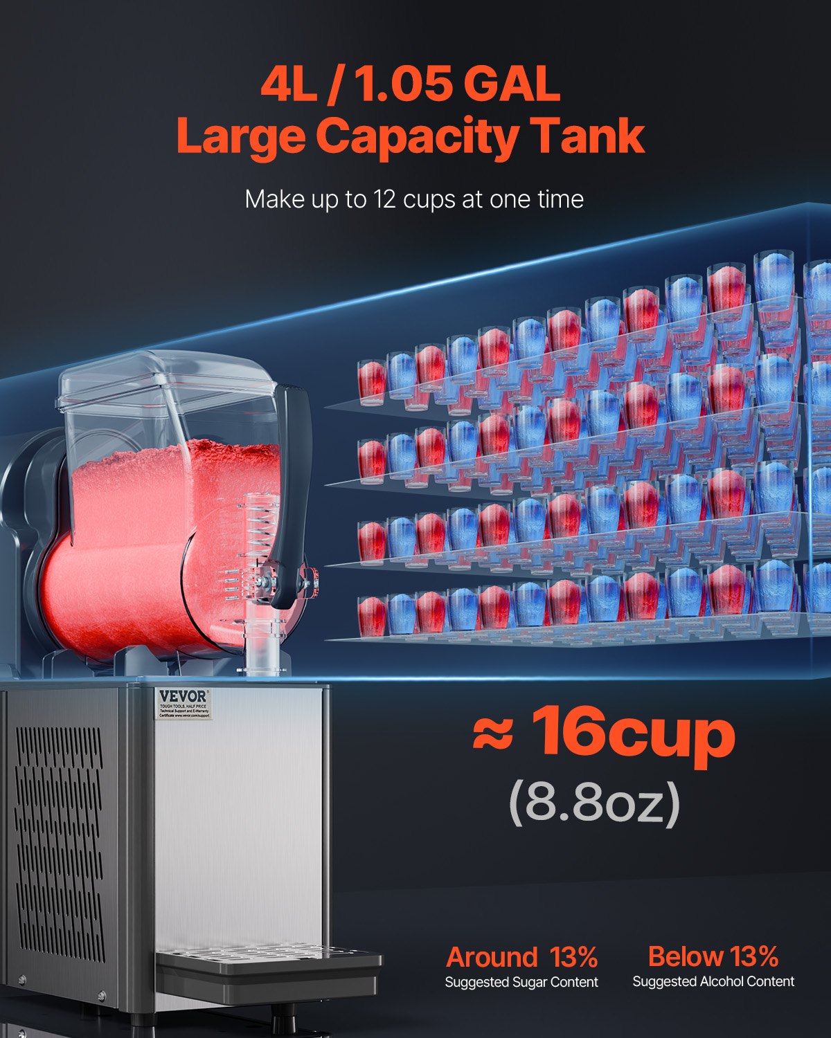 Commercial Slushy Machine, 4L Single Tank Frozen Drink Machine, 16 Cups Stainless Steel Margarita Smoothie Frozen Drink Maker, Slushie Maker for Home Party Restaurants Cafe Bars