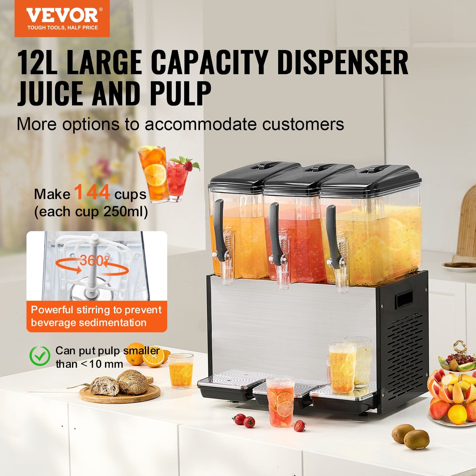 Drinkware: VEVOR Commercial Beverage Dispenser, 3 Tanks 12 L Per Tank Juice Dispenser, 370W Stainless Steel Ice Tea Drink Machine with 7℃-12℃ Cooling Temperature, for Cold Drink Restaurant Bar Party