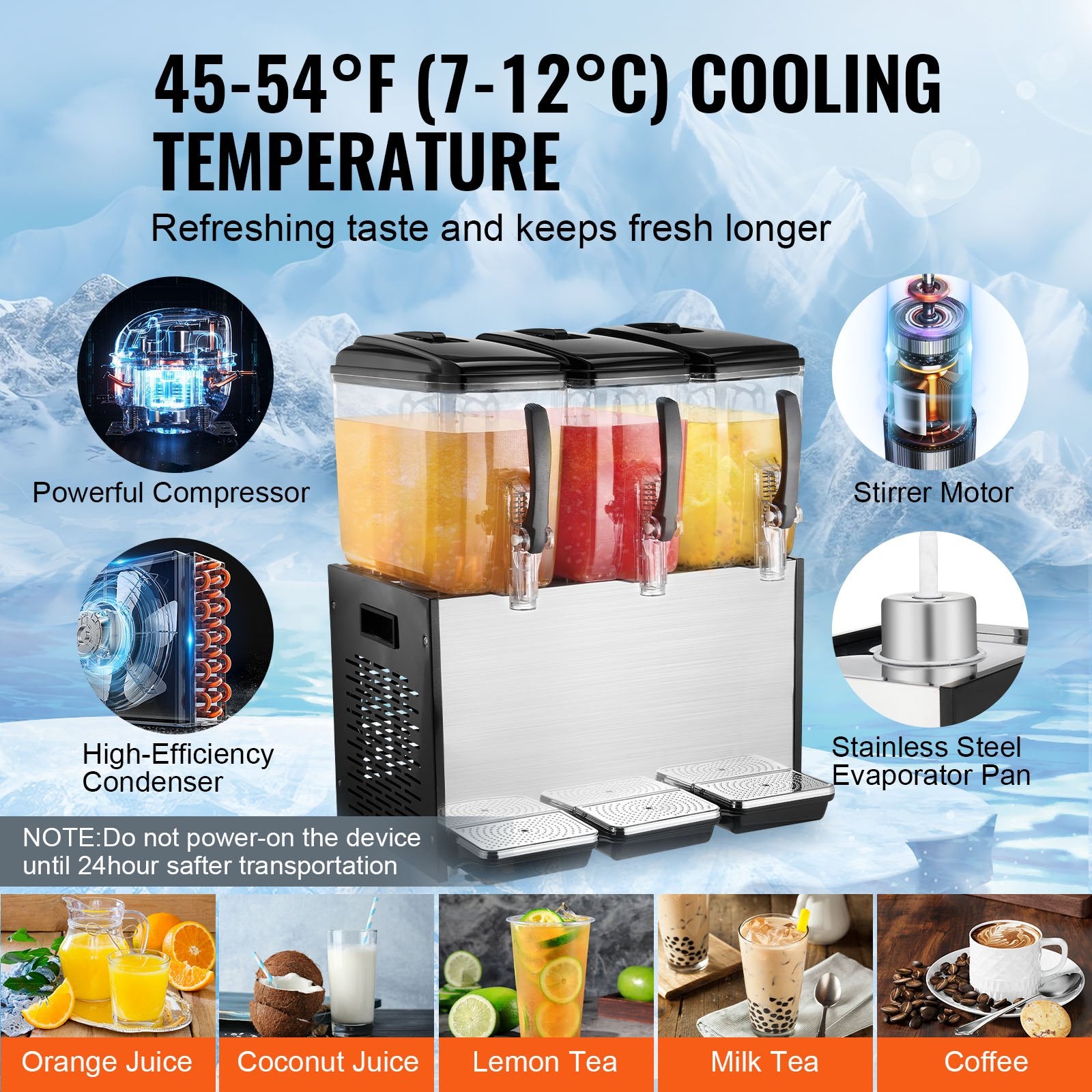 Drinkware: VEVOR Commercial Beverage Dispenser, 3 Tanks 12 L Per Tank Juice Dispenser, 370W Stainless Steel Ice Tea Drink Machine with 7℃-12℃ Cooling Temperature, for Cold Drink Restaurant Bar Party