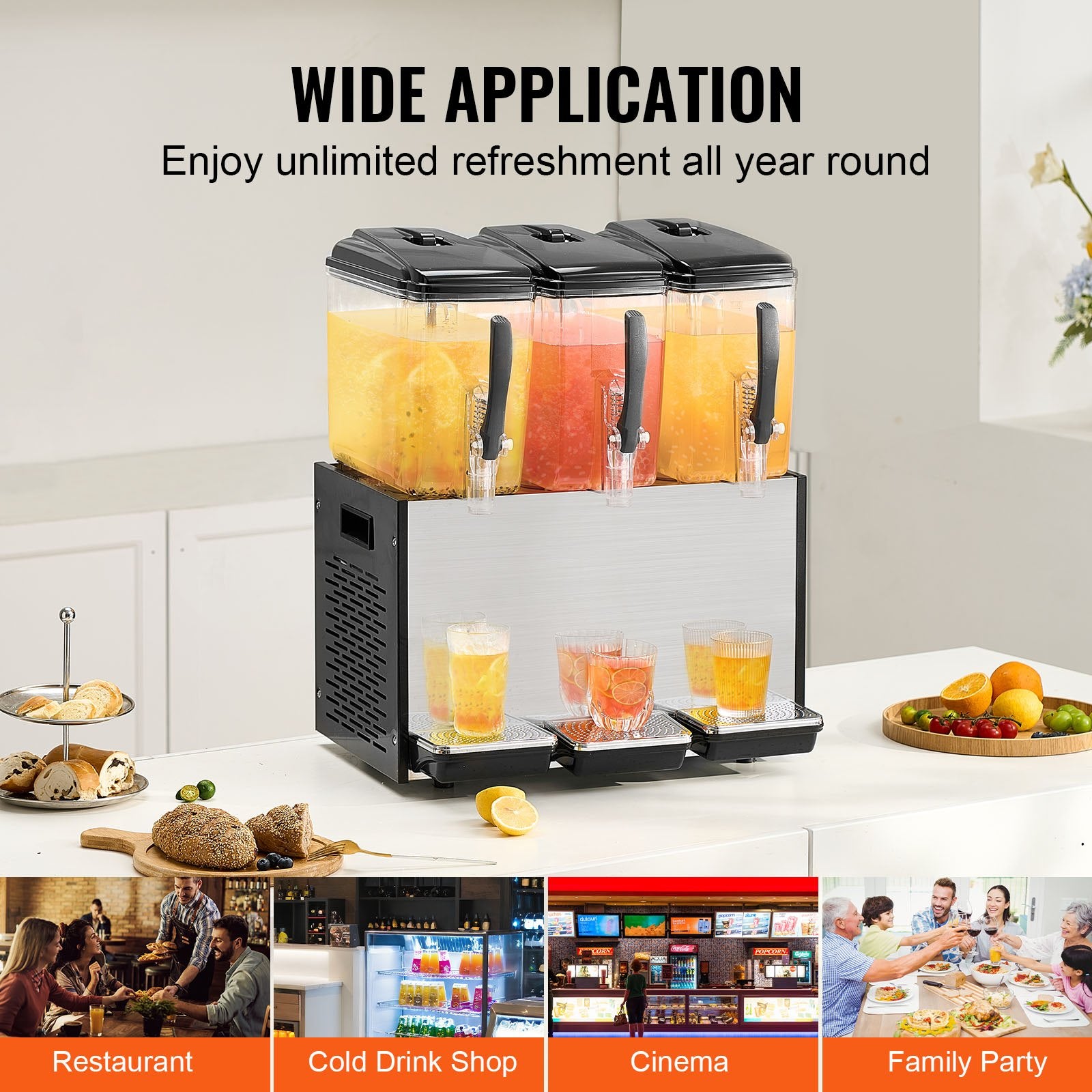 Drinkware: VEVOR Commercial Beverage Dispenser, 3 Tanks 12 L Per Tank Juice Dispenser, 370W Stainless Steel Ice Tea Drink Machine with 7℃-12℃ Cooling Temperature, for Cold Drink Restaurant Bar Party