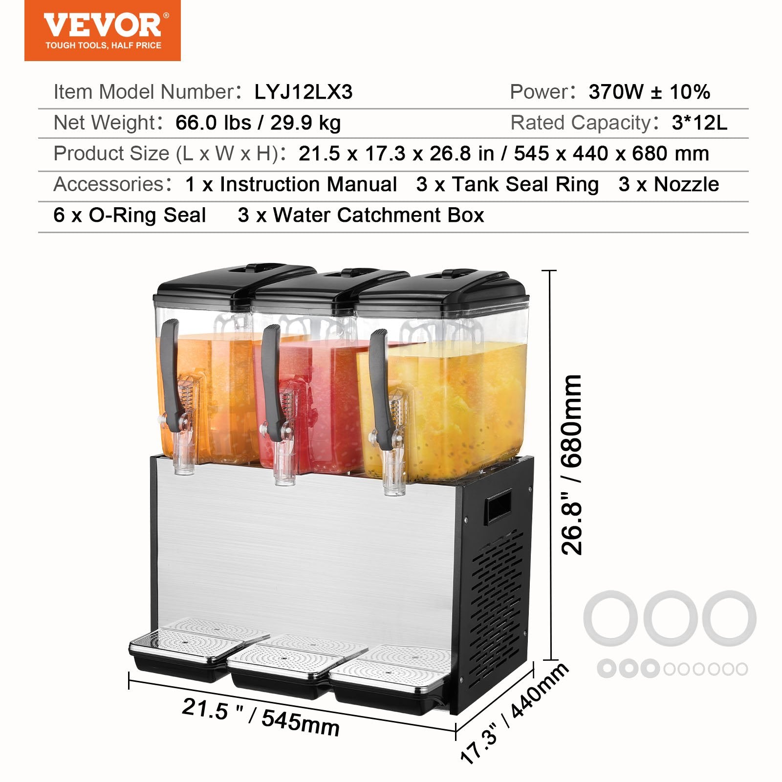 Drinkware: VEVOR Commercial Beverage Dispenser, 3 Tanks 12 L Per Tank Juice Dispenser, 370W Stainless Steel Ice Tea Drink Machine with 7℃-12℃ Cooling Temperature, for Cold Drink Restaurant Bar Party