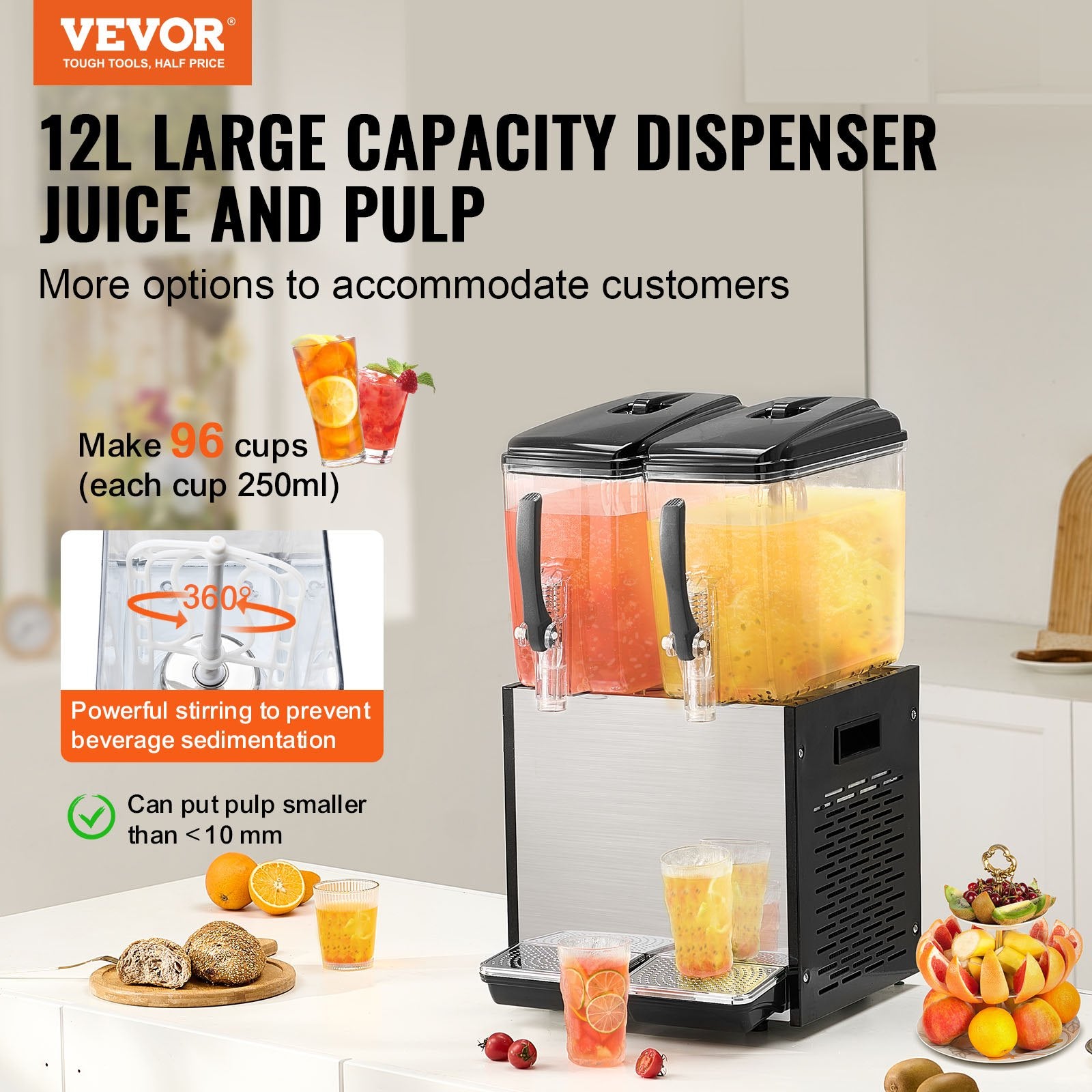 Drinkware: VEVOR Commercial Beverage Dispenser, 2 Tanks 12 L Per Tank Juice Dispenser, 286W Stainless Steel Ice Tea Drink Machine with 7℃-12℃ Cooling Temperature, for Cold Drink Restaurant Bar Party