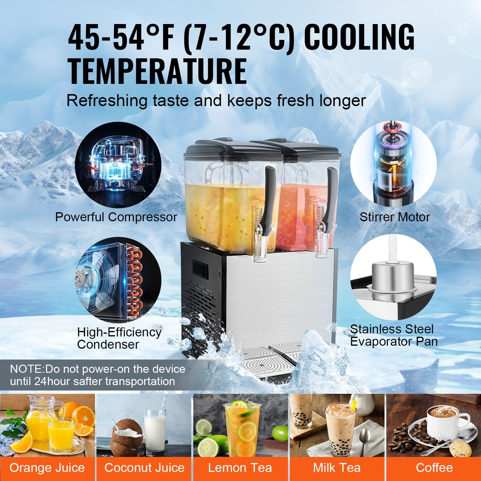 Drinkware: VEVOR Commercial Beverage Dispenser, 2 Tanks 12 L Per Tank Juice Dispenser, 286W Stainless Steel Ice Tea Drink Machine with 7℃-12℃ Cooling Temperature, for Cold Drink Restaurant Bar Party