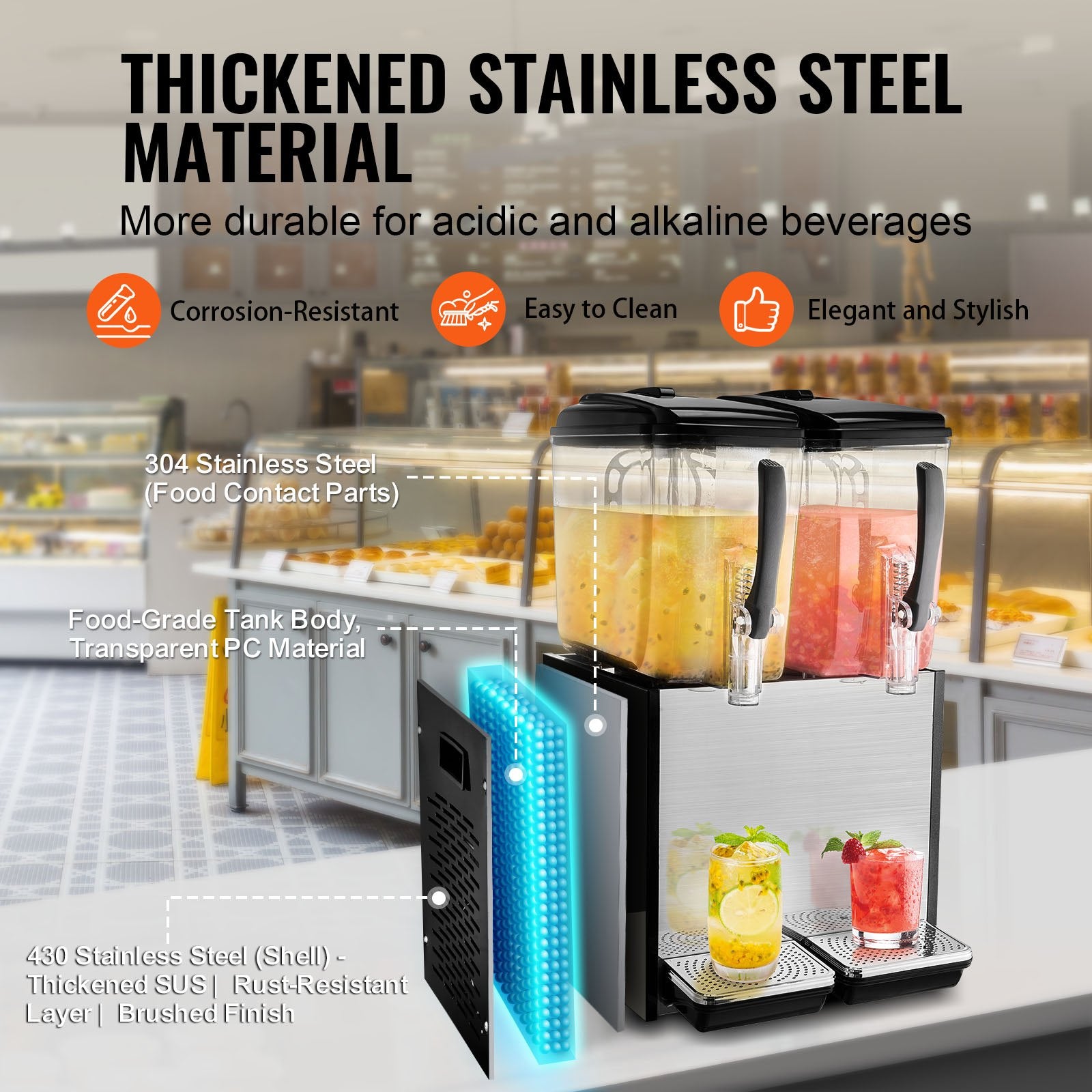 Drinkware: VEVOR Commercial Beverage Dispenser, 2 Tanks 12 L Per Tank Juice Dispenser, 286W Stainless Steel Ice Tea Drink Machine with 7℃-12℃ Cooling Temperature, for Cold Drink Restaurant Bar Party