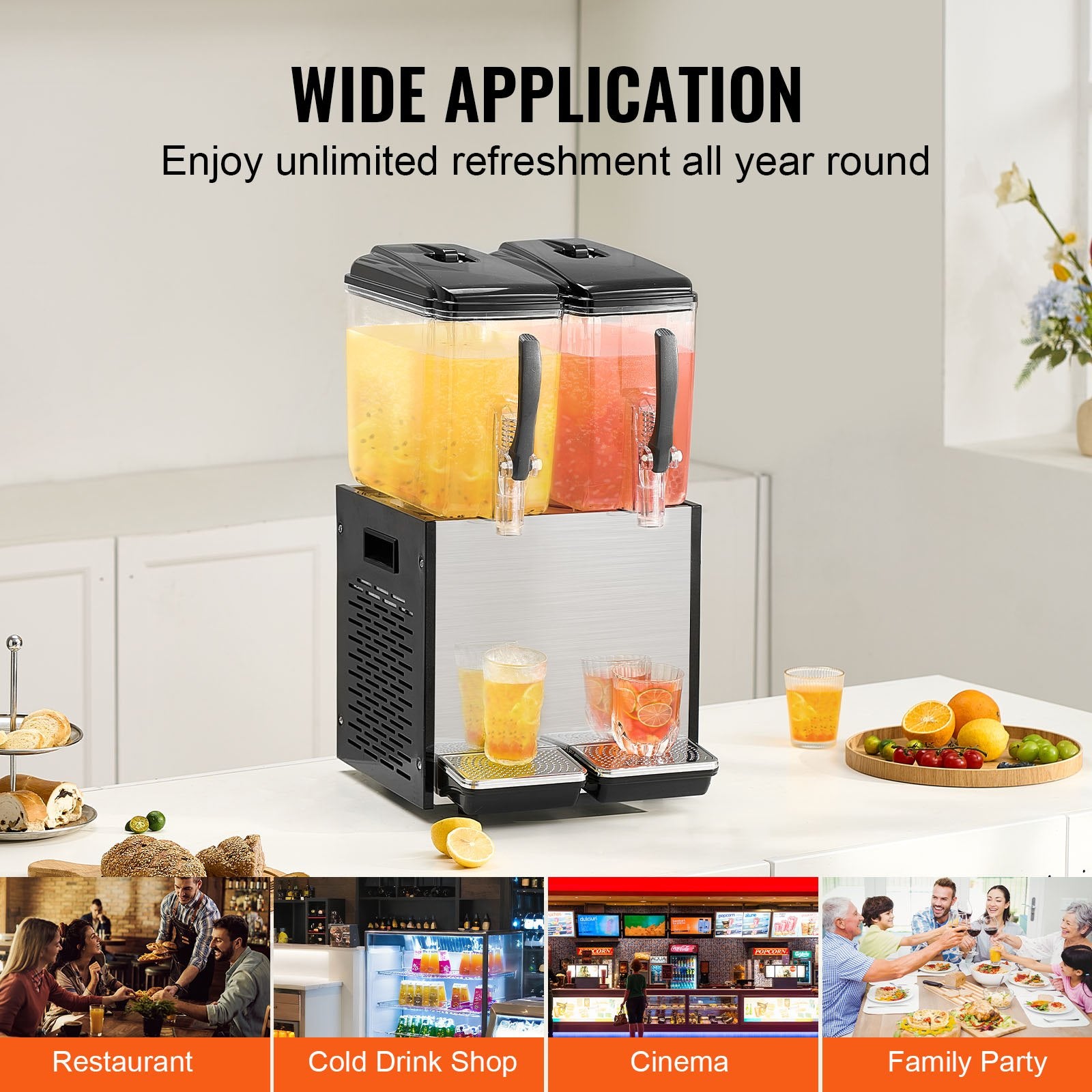Drinkware: VEVOR Commercial Beverage Dispenser, 2 Tanks 12 L Per Tank Juice Dispenser, 286W Stainless Steel Ice Tea Drink Machine with 7℃-12℃ Cooling Temperature, for Cold Drink Restaurant Bar Party