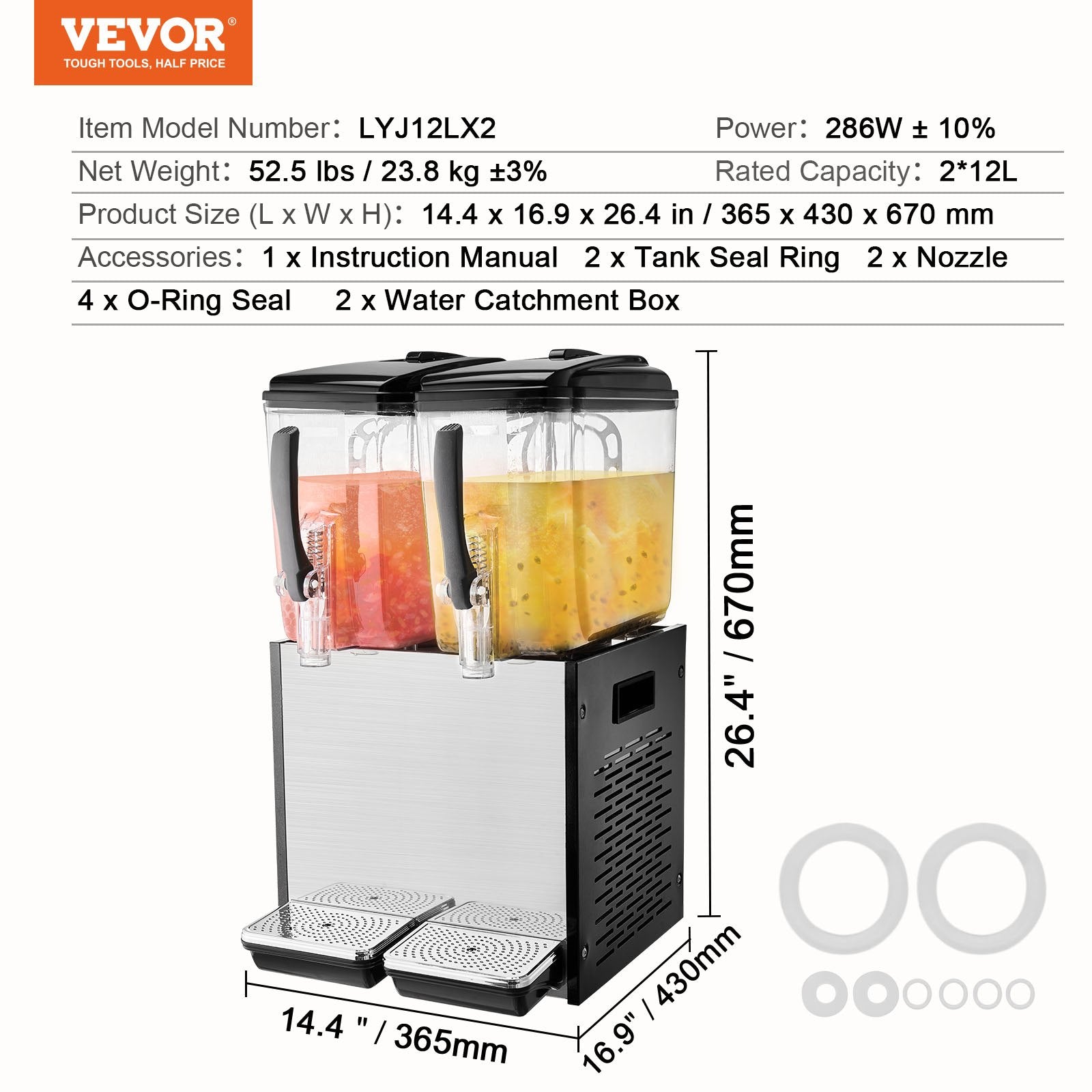 Drinkware: VEVOR Commercial Beverage Dispenser, 2 Tanks 12 L Per Tank Juice Dispenser, 286W Stainless Steel Ice Tea Drink Machine with 7℃-12℃ Cooling Temperature, for Cold Drink Restaurant Bar Party