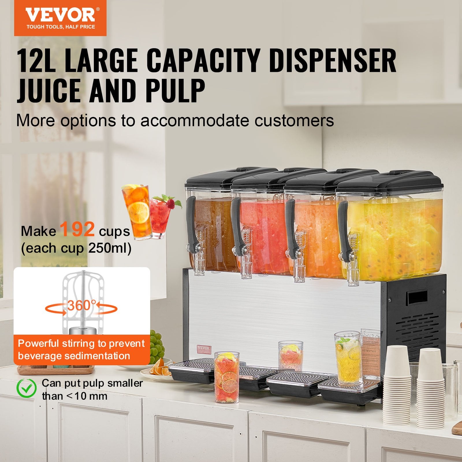 Drinkware: VEVOR Commercial Beverage Dispenser, 4 Tanks 12 L Per Tank Juice Dispenser, 510W Stainless Steel Ice Tea Drink Machine with 7℃-12℃ Cooling Temperature, for Cold Drink Restaurant Bar Party