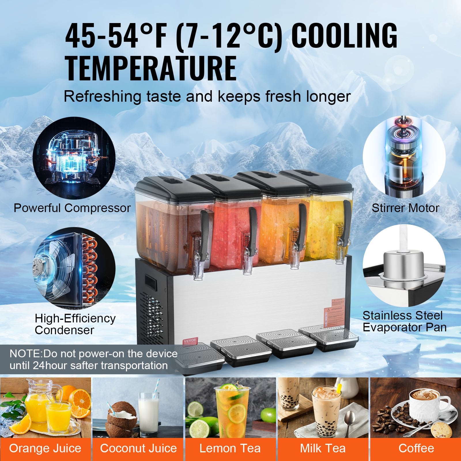 Drinkware: VEVOR Commercial Beverage Dispenser, 4 Tanks 12 L Per Tank Juice Dispenser, 510W Stainless Steel Ice Tea Drink Machine with 7℃-12℃ Cooling Temperature, for Cold Drink Restaurant Bar Party