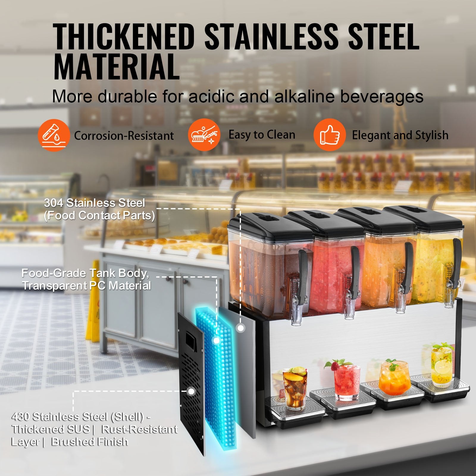 Drinkware: VEVOR Commercial Beverage Dispenser, 4 Tanks 12 L Per Tank Juice Dispenser, 510W Stainless Steel Ice Tea Drink Machine with 7℃-12℃ Cooling Temperature, for Cold Drink Restaurant Bar Party