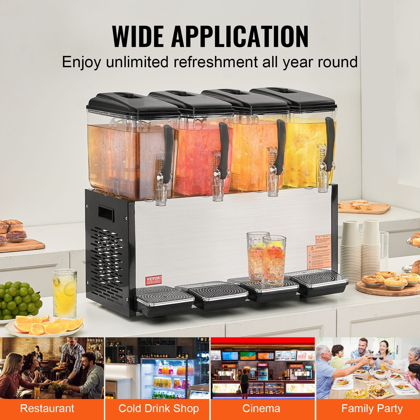 Drinkware: VEVOR Commercial Beverage Dispenser, 4 Tanks 12 L Per Tank Juice Dispenser, 510W Stainless Steel Ice Tea Drink Machine with 7℃-12℃ Cooling Temperature, for Cold Drink Restaurant Bar Party