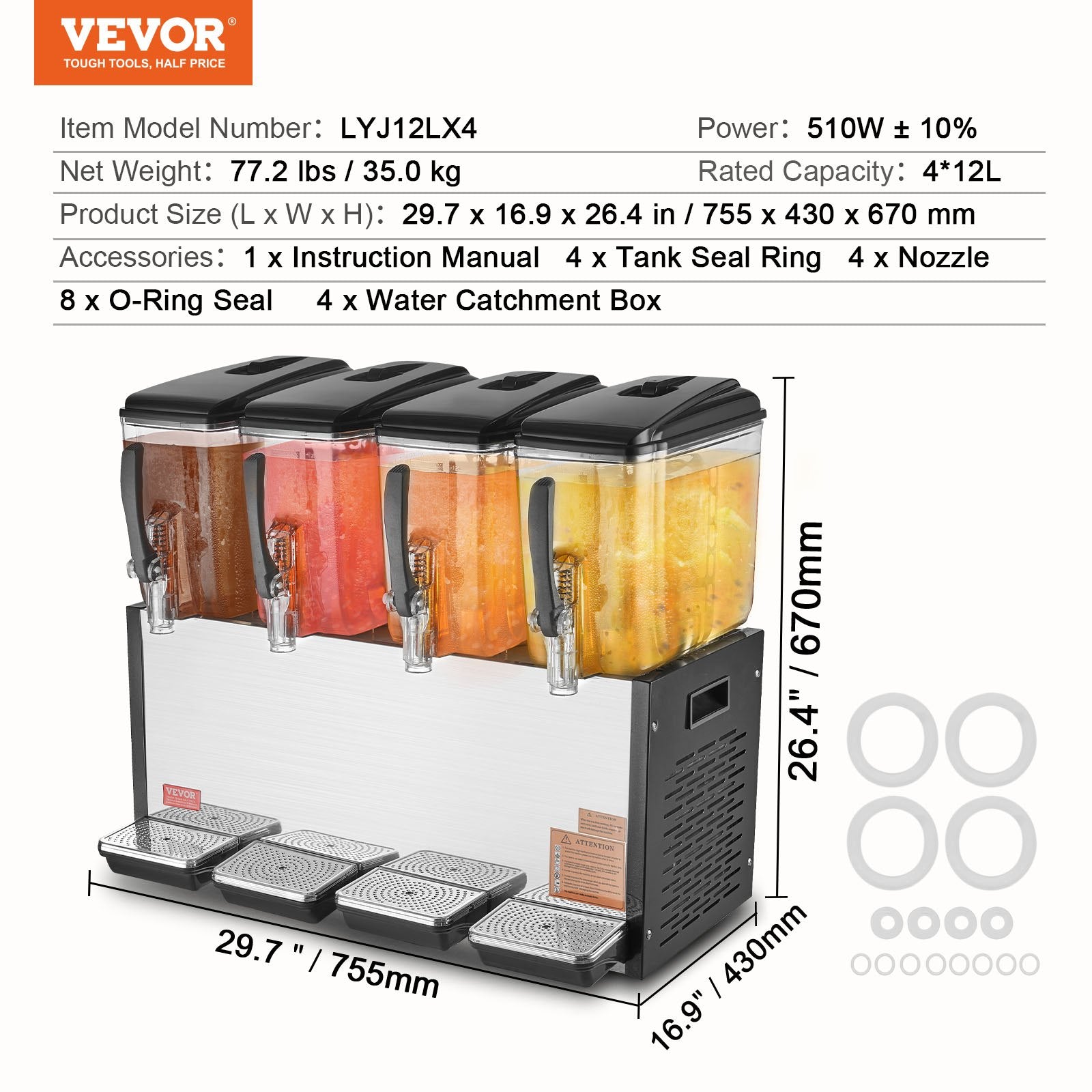 Drinkware: VEVOR Commercial Beverage Dispenser, 4 Tanks 12 L Per Tank Juice Dispenser, 510W Stainless Steel Ice Tea Drink Machine with 7℃-12℃ Cooling Temperature, for Cold Drink Restaurant Bar Party