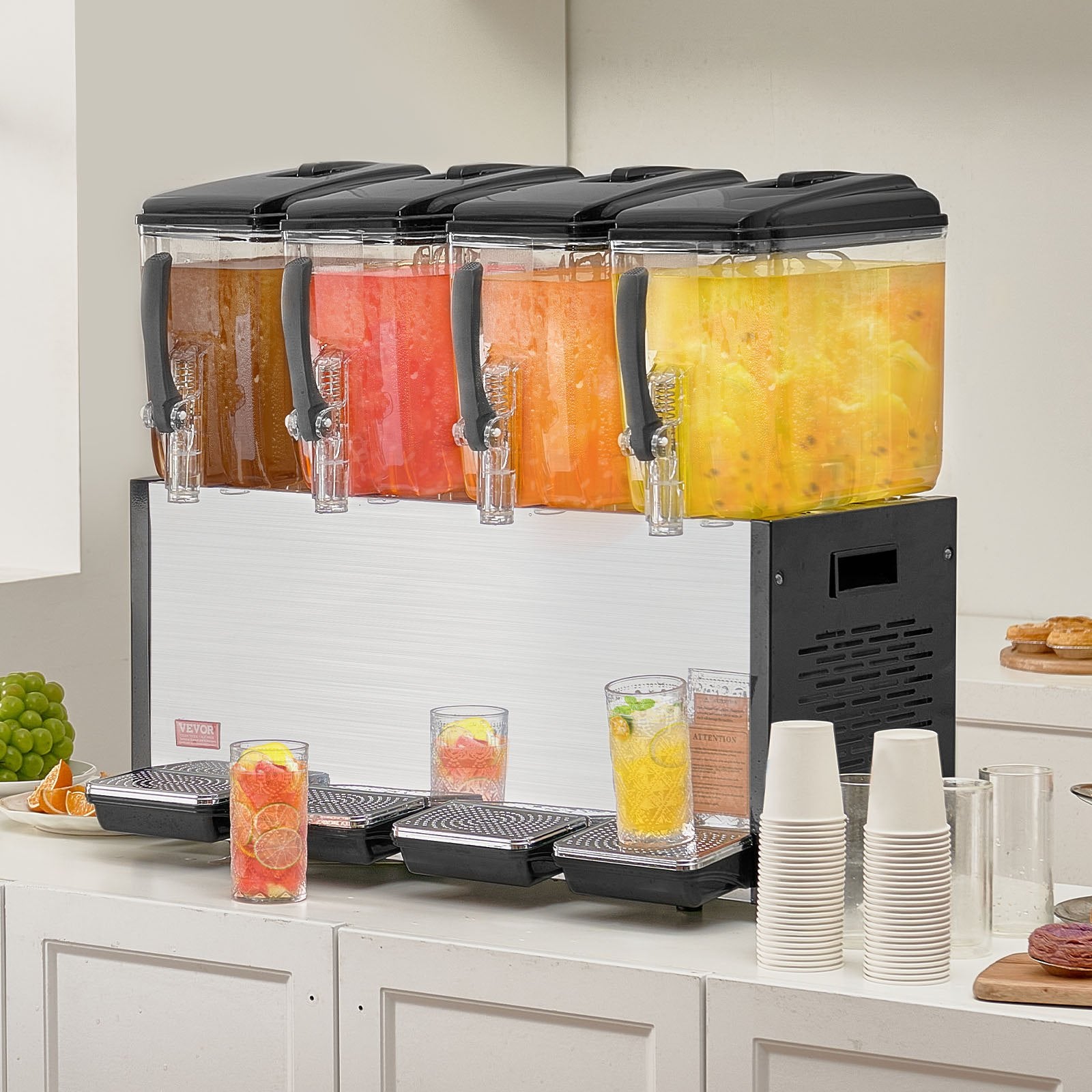 Drinkware: VEVOR Commercial Beverage Dispenser, 4 Tanks 12 L Per Tank Juice Dispenser, 510W Stainless Steel Ice Tea Drink Machine with 7℃-12℃ Cooling Temperature, for Cold Drink Restaurant Bar Party