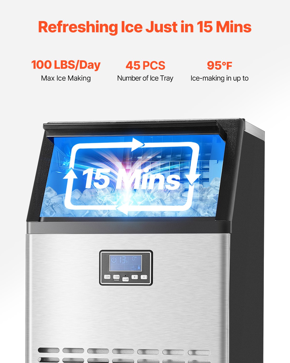 Food Storage: VEVOR Commercial Ice Maker Machine, 100lbs/24H Ice Maker Machine with 33lbs Storage Capacity, 45 Ice Cubes in 15 Minutes, LED Digital Display Freestanding Self-Cleaning for Bar Office Restaurant