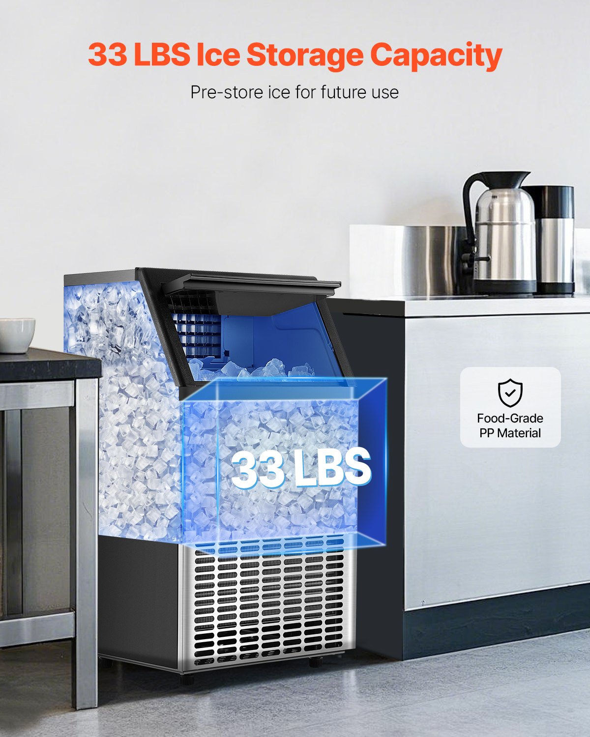 Food Storage: VEVOR Commercial Ice Maker Machine, 100lbs/24H Ice Maker Machine with 33lbs Storage Capacity, 45 Ice Cubes in 15 Minutes, LED Digital Display Freestanding Self-Cleaning for Bar Office Restaurant