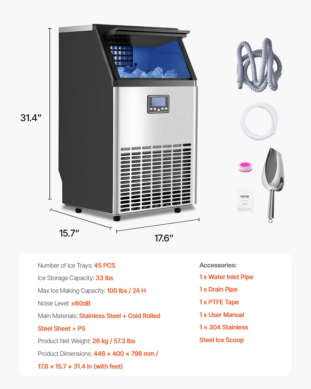 Food Storage: VEVOR Commercial Ice Maker Machine, 100lbs/24H Ice Maker Machine with 33lbs Storage Capacity, 45 Ice Cubes in 15 Minutes, LED Digital Display Freestanding Self-Cleaning for Bar Office Restaurant