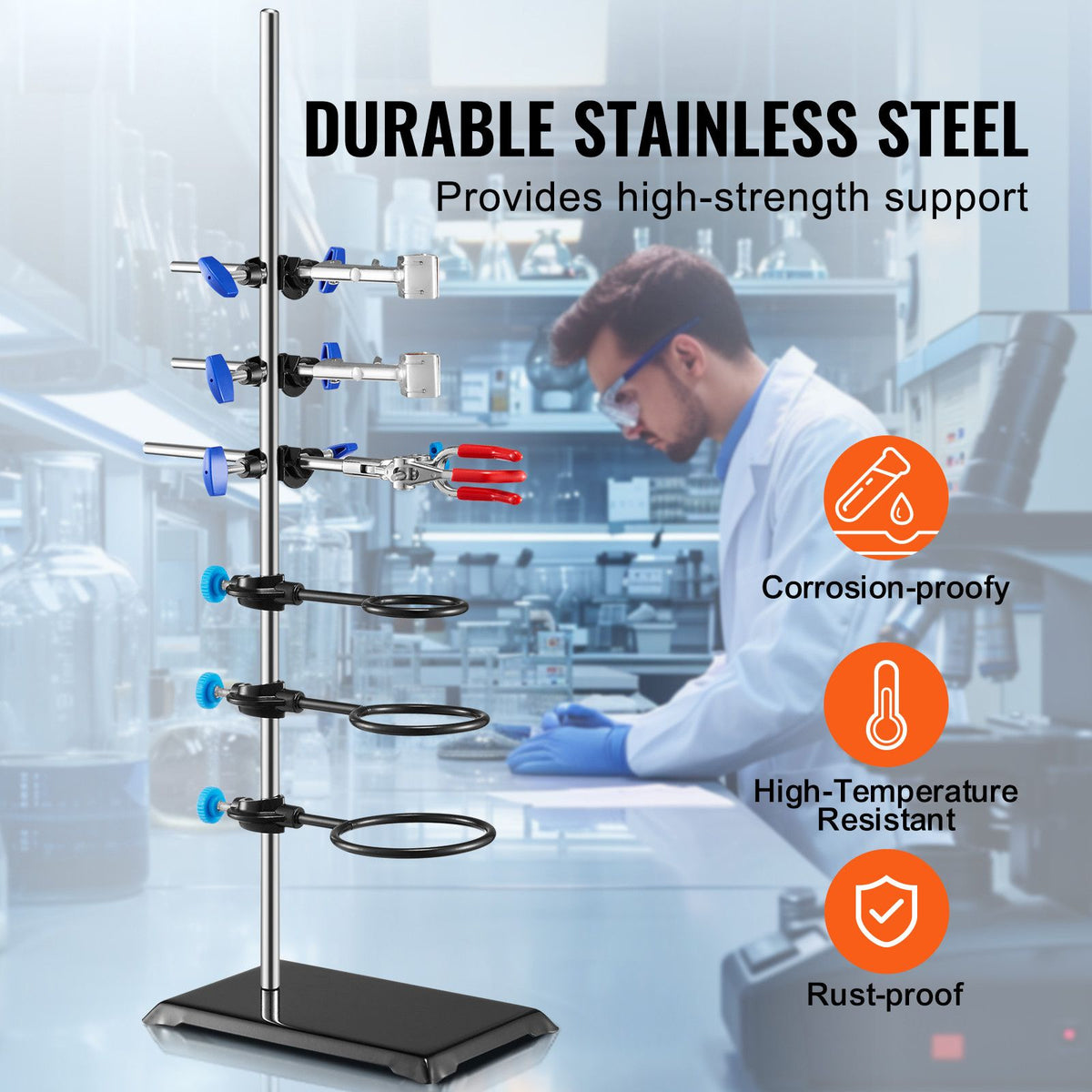 Lab Stand Support, Laboratory Retort Support Stand Set, Steel Lab Stand 23.6" Rod and 8.3" x 5.3" Cast Iron Base, Includes Flask Clamps, a Burette Clamp and Cross Clamps