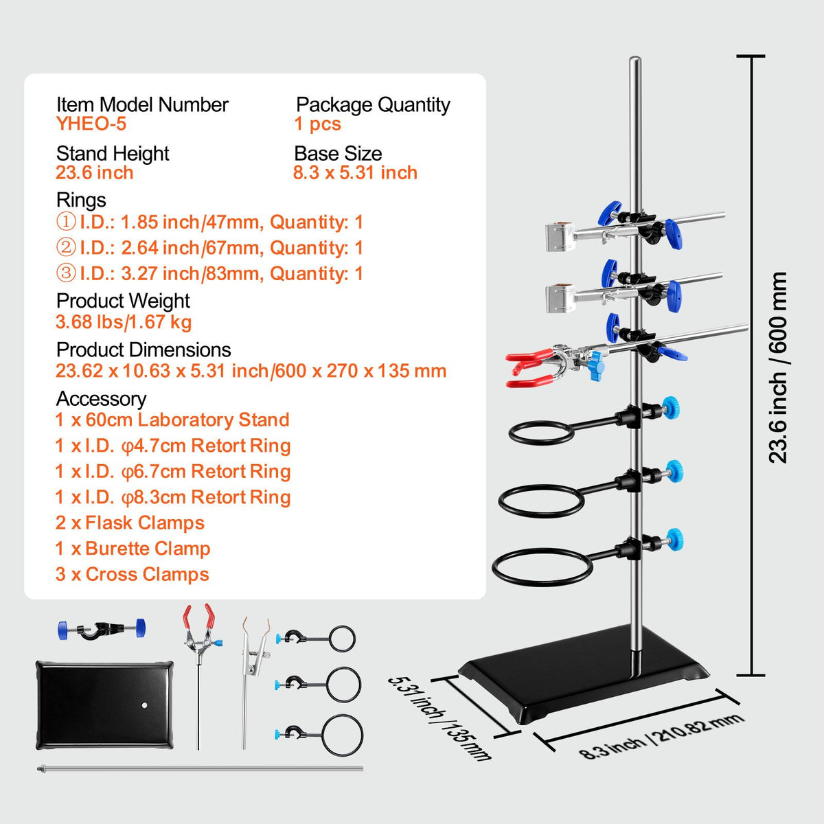 Lab Stand Support, Laboratory Retort Support Stand Set, Steel Lab Stand 23.6" Rod and 8.3" x 5.3" Cast Iron Base, Includes Flask Clamps, a Burette Clamp and Cross Clamps