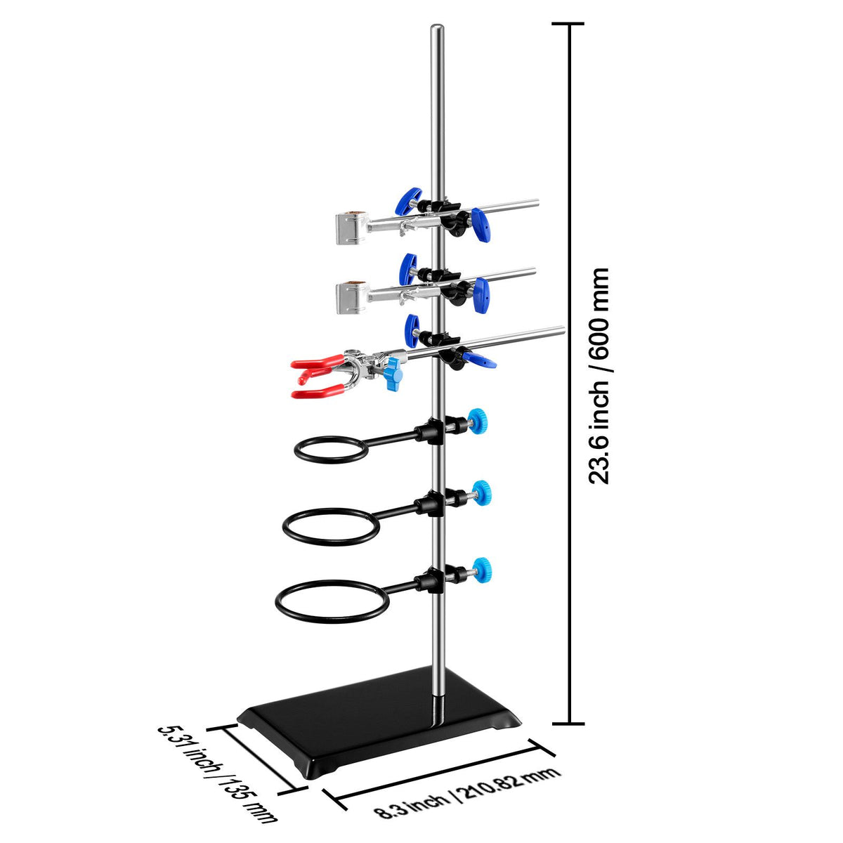 Lab Stand Support, Laboratory Retort Support Stand Set, Steel Lab Stand 23.6" Rod and 8.3" x 5.3" Cast Iron Base, Includes Flask Clamps, a Burette Clamp and Cross Clamps