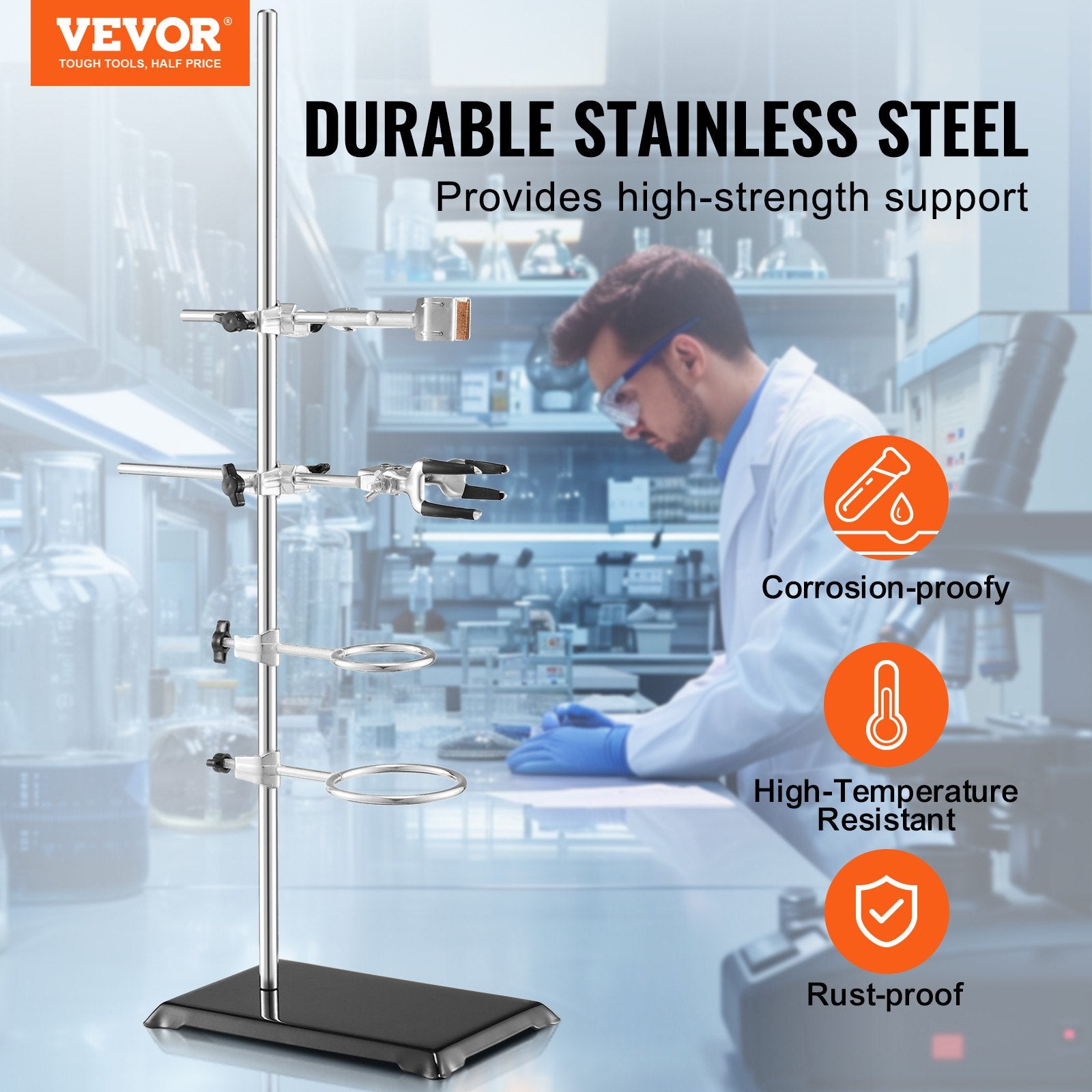 Heating Pads: VEVOR Lab Stand Support, Laboratory Retort Support Stand 2 Sets, Steel Lab Stand 23.6" Rod and 8.3" x 5.3" Cast Iron Base, Includes Flask Clamps, Burette Clamps and Cross Clamps