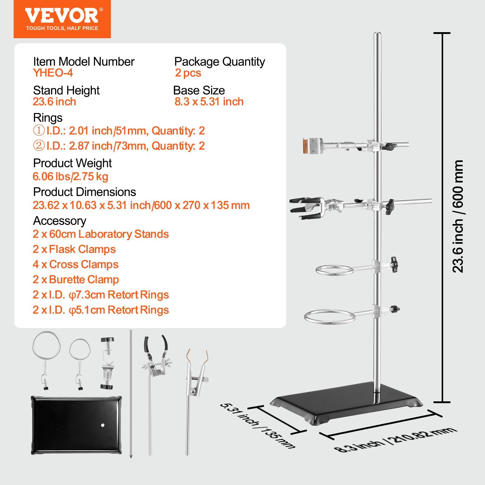 Heating Pads: VEVOR Lab Stand Support, Laboratory Retort Support Stand 2 Sets, Steel Lab Stand 23.6" Rod and 8.3" x 5.3" Cast Iron Base, Includes Flask Clamps, Burette Clamps and Cross Clamps