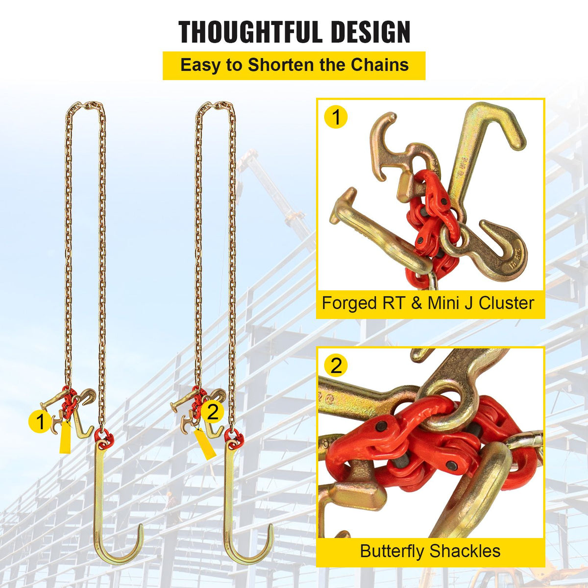 J Hook Chain, 2PCS 8 mm x 300 cm G80 Long Shank J Hook Tow Chain with RTJ Cluster Hook & Grab Hook, 2448 kg Working Load, Heavy Duty Transport Truck Chain for Wrecker Recovery Trailer Towing