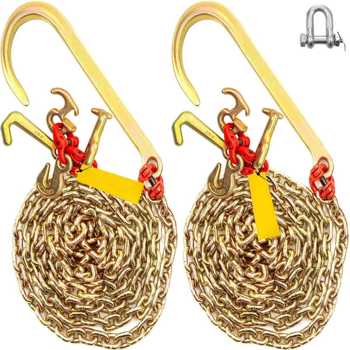 J Hook Chain, 2PCS 8 mm x 300 cm G80 Long Shank J Hook Tow Chain with RTJ Cluster Hook & Grab Hook, 2448 kg Working Load, Heavy Duty Transport Truck Chain for Wrecker Recovery Trailer Towing