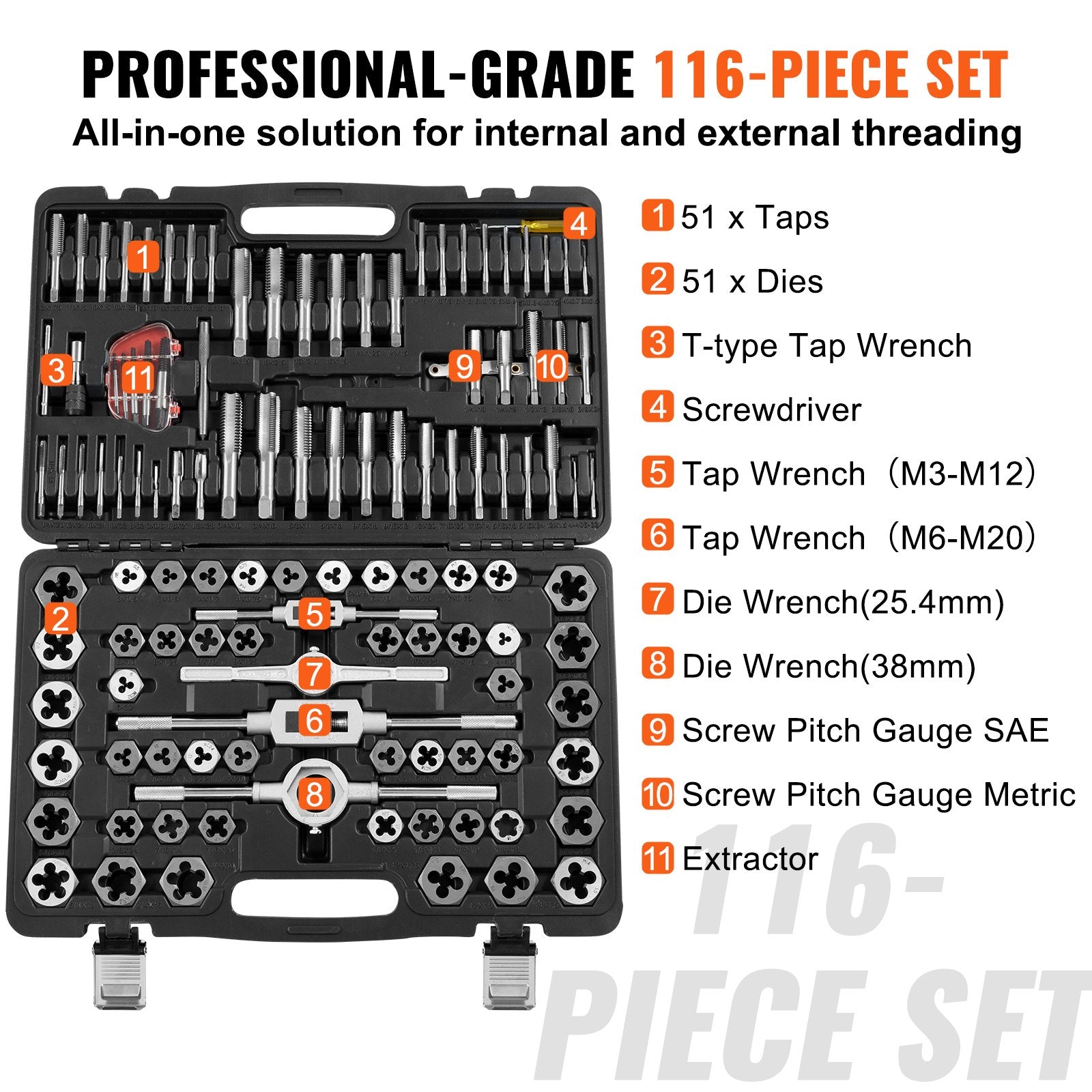 Tool Sockets: VEVOR Tap and Die Set, 116-Piece Include Metric and SAE Size, Bearing Steel Taps and Dies, Essential Threading Tool for Cutting External Internal Threads, with Complete Accessories and Storage Case