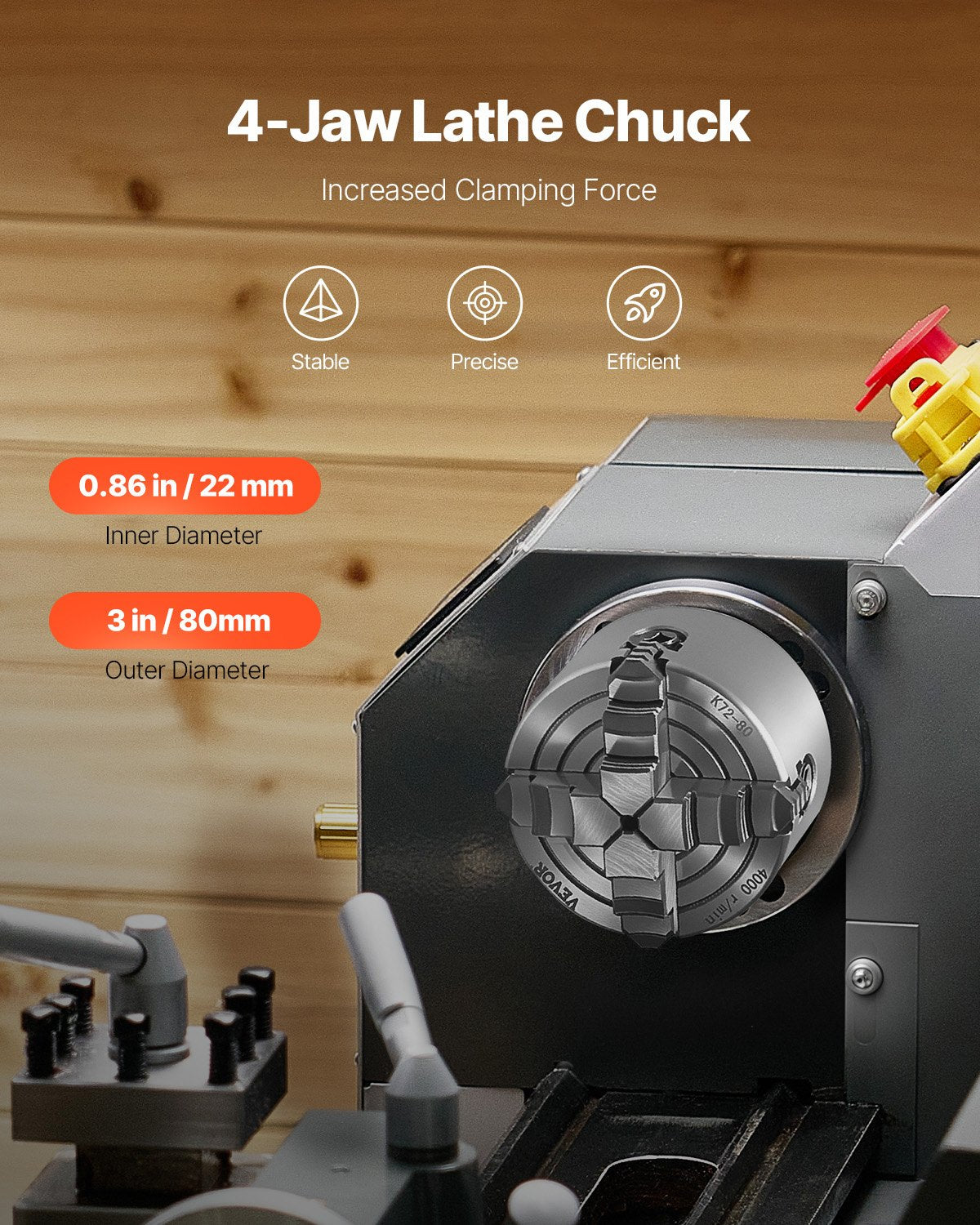 Drill & Screwdriver Accessories: VEVOR 4-Jaw Lathe Chuck, 3 Inch (80 mm), 4-Jaw Chuck, 0.1-3.15 in (5-80 mm) Clamping Range with T-key Fixing Screws Reversible Jaws, HT300 Material, Internal External for Wood Metal Lathe