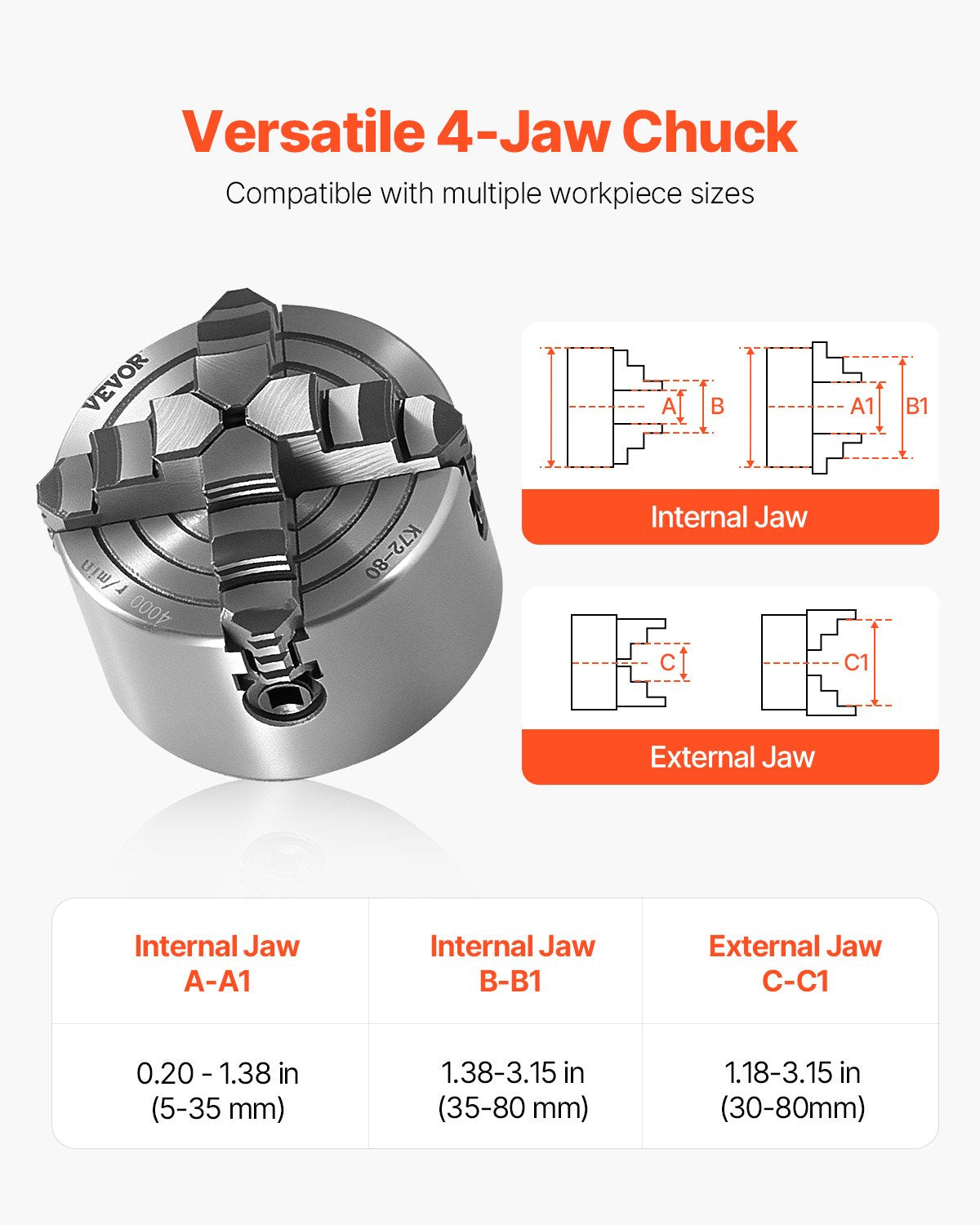 Drill & Screwdriver Accessories: VEVOR 4-Jaw Lathe Chuck, 3 Inch (80 mm), 4-Jaw Chuck, 0.1-3.15 in (5-80 mm) Clamping Range with T-key Fixing Screws Reversible Jaws, HT300 Material, Internal External for Wood Metal Lathe