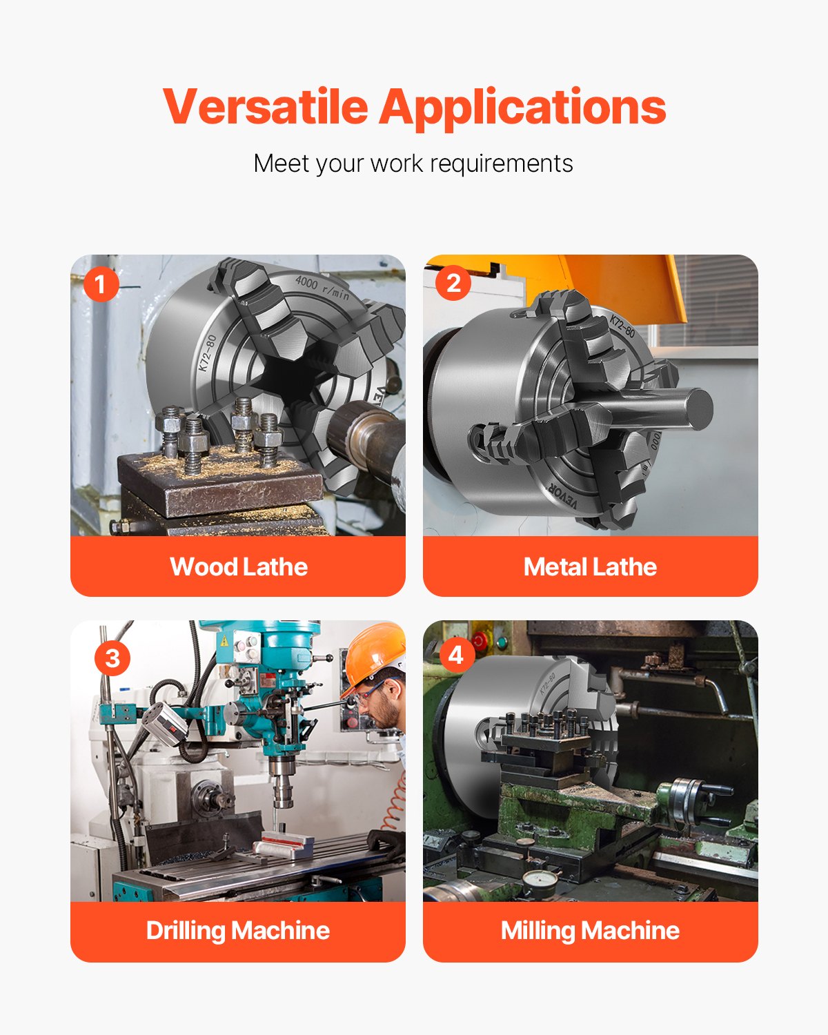 Drill & Screwdriver Accessories: VEVOR 4-Jaw Lathe Chuck, 3 Inch (80 mm), 4-Jaw Chuck, 0.1-3.15 in (5-80 mm) Clamping Range with T-key Fixing Screws Reversible Jaws, HT300 Material, Internal External for Wood Metal Lathe