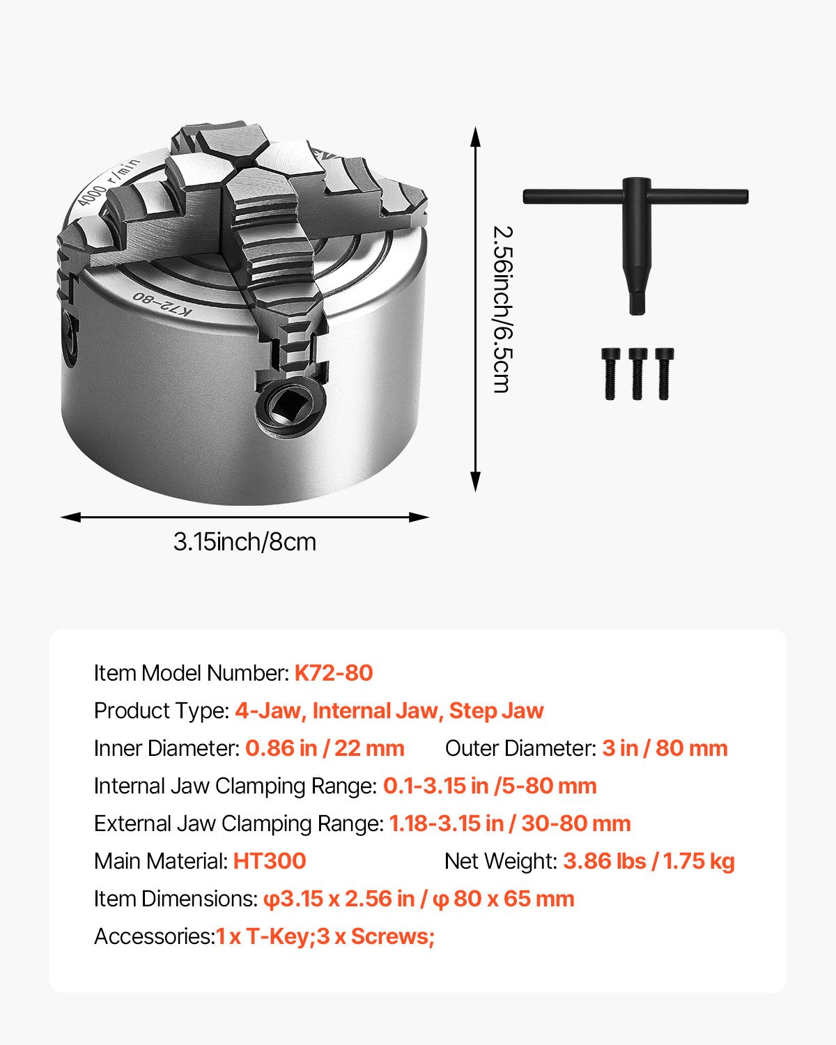 Drill & Screwdriver Accessories: VEVOR 4-Jaw Lathe Chuck, 3 Inch (80 mm), 4-Jaw Chuck, 0.1-3.15 in (5-80 mm) Clamping Range with T-key Fixing Screws Reversible Jaws, HT300 Material, Internal External for Wood Metal Lathe