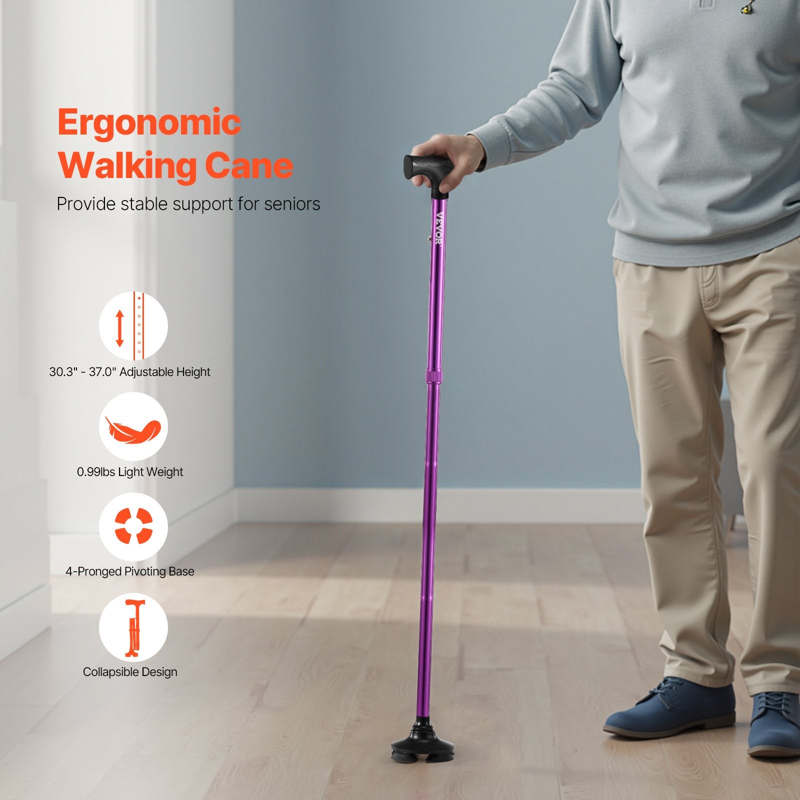 Gymnastics: VEVOR Walking Cane Folding Walking Stick 8-Level Height 4-Pronged Pivoting Base