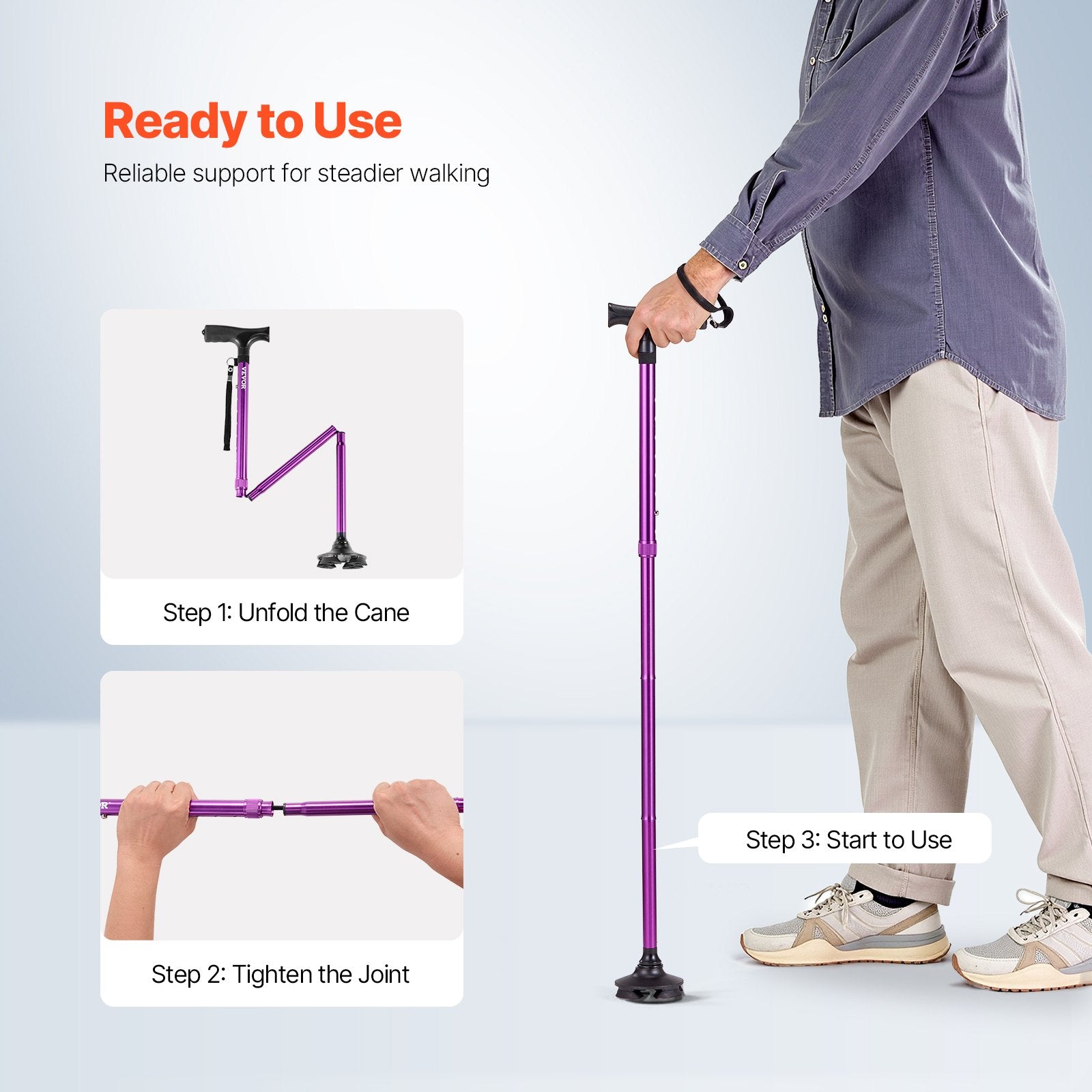 Gymnastics: VEVOR Walking Cane Folding Walking Stick 8-Level Height 4-Pronged Pivoting Base