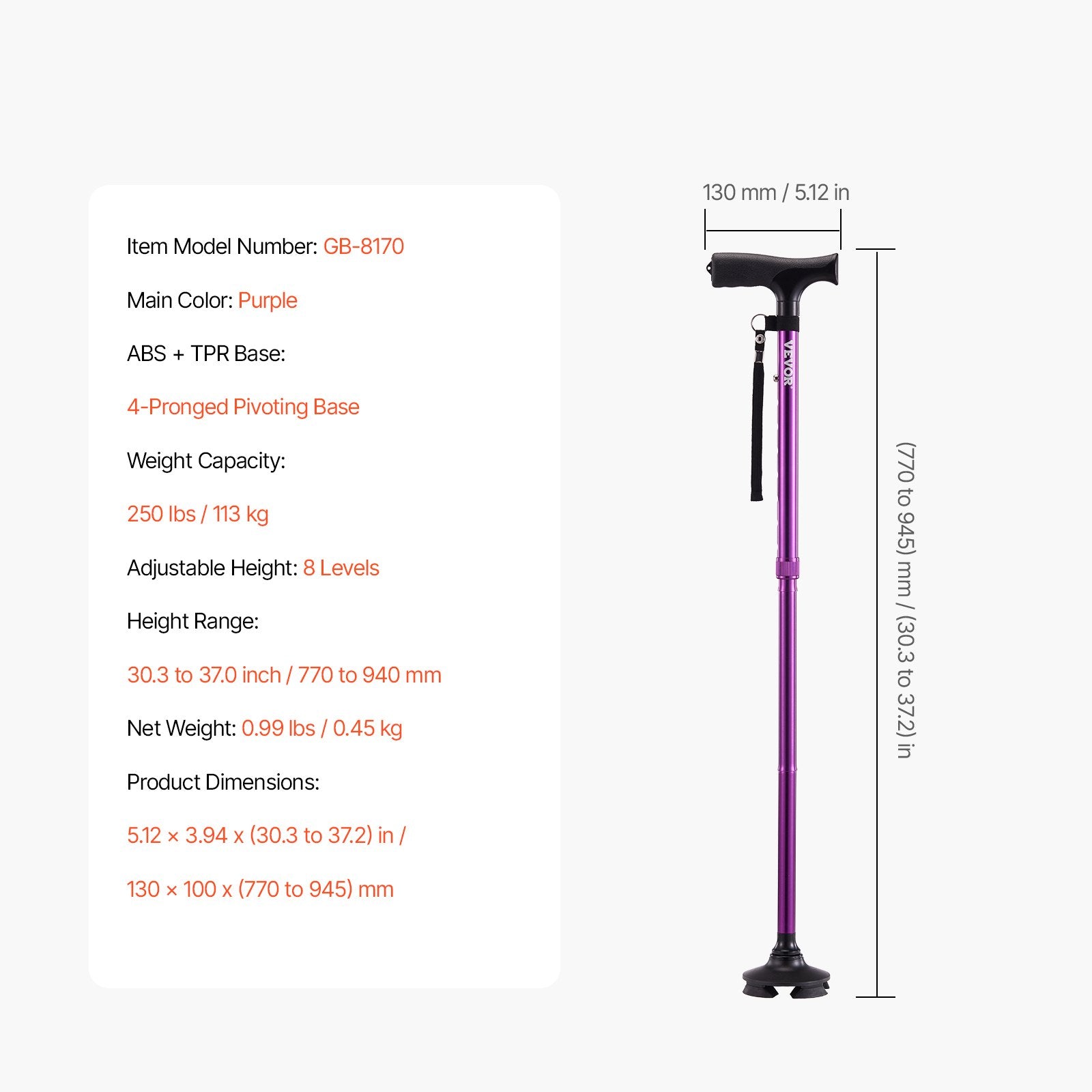 Gymnastics: VEVOR Walking Cane Folding Walking Stick 8-Level Height 4-Pronged Pivoting Base